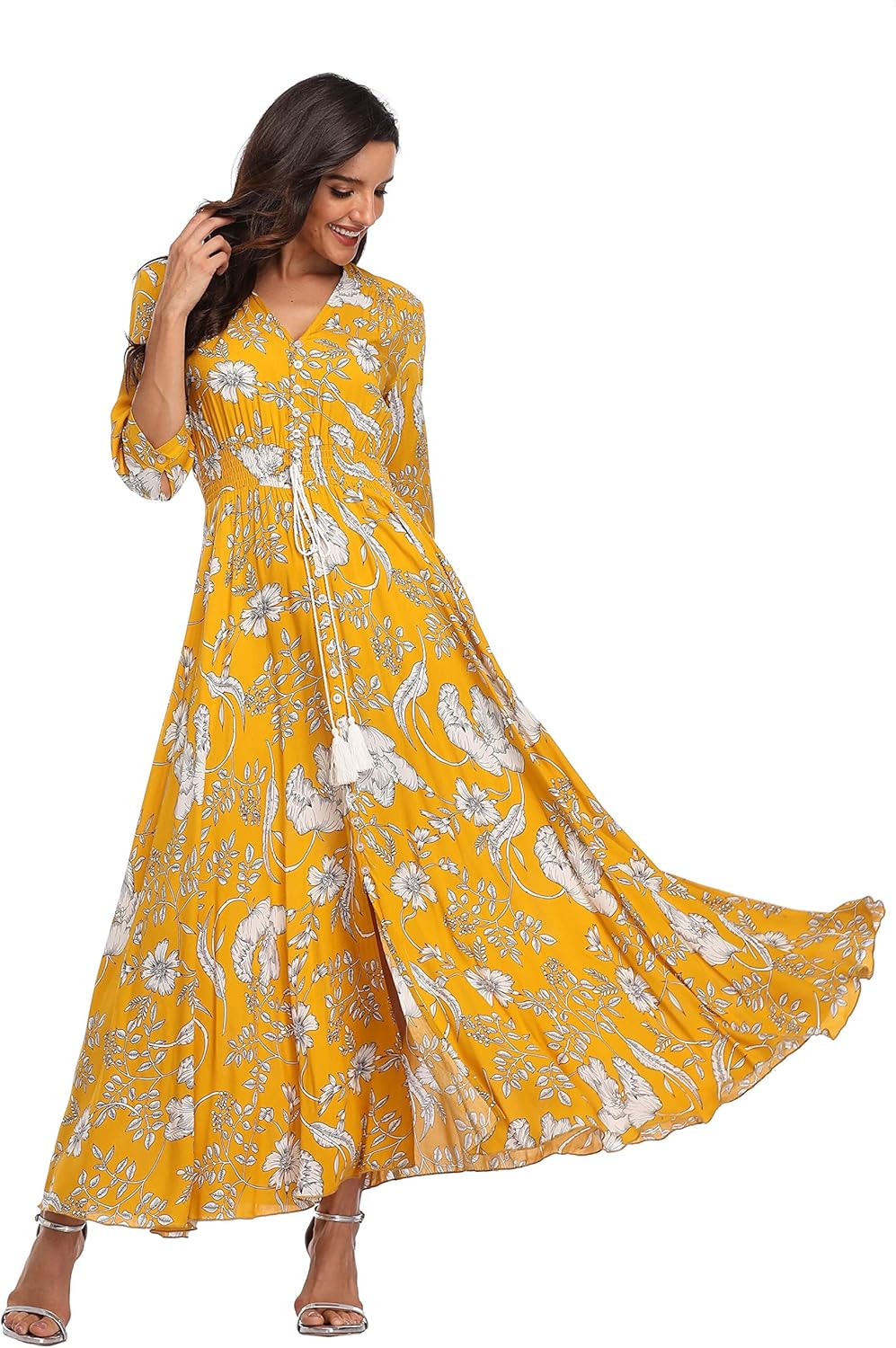 Summer Floral Print Maxi Dress Women Button Up Split Long Flowy Bohemian Beach Party Dresses - Image 3