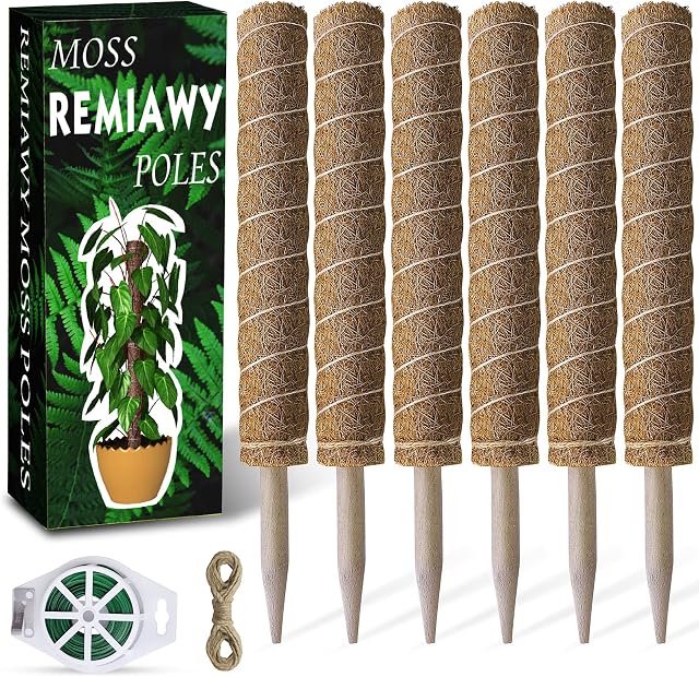 Moss Pole 69 Inch, 6 Pack Plant Moss Pole for Plants Monstera Pole, 15.7 Inch Coir Totem Pole for Climbing Plants Support Extension Indoor Moss Sticks with 65 Feet Garden Twist Tie