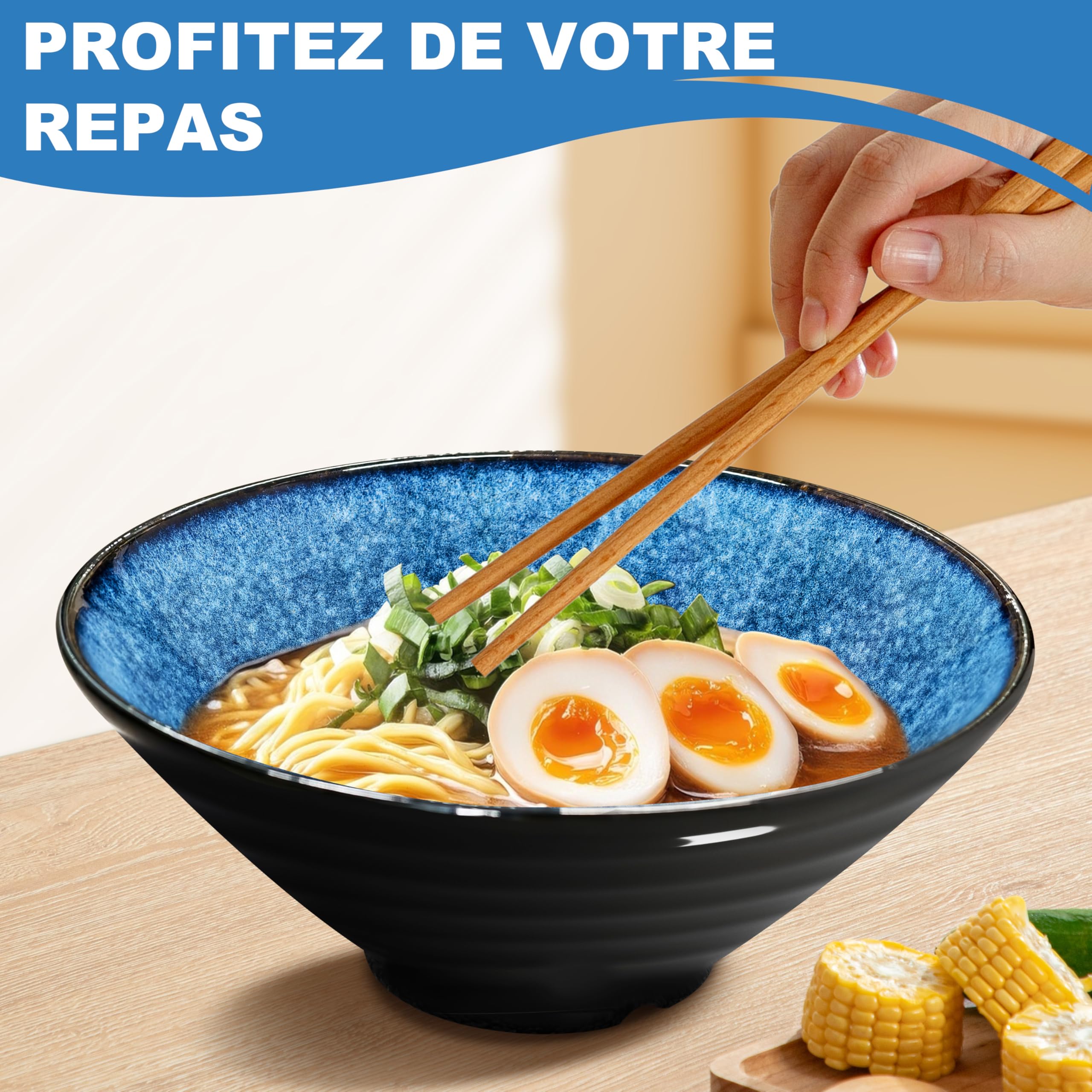 8 Pouces Ensemble De 2 Grands Bols Ramen En Céramique (8 Pièces), Vaisselle Japonaise Compatible Lave Vaisselle Avec Fourchette Baguettes Et Cuillère Bol à Soupe Salade Cadeaux Pour Hommes Femmes