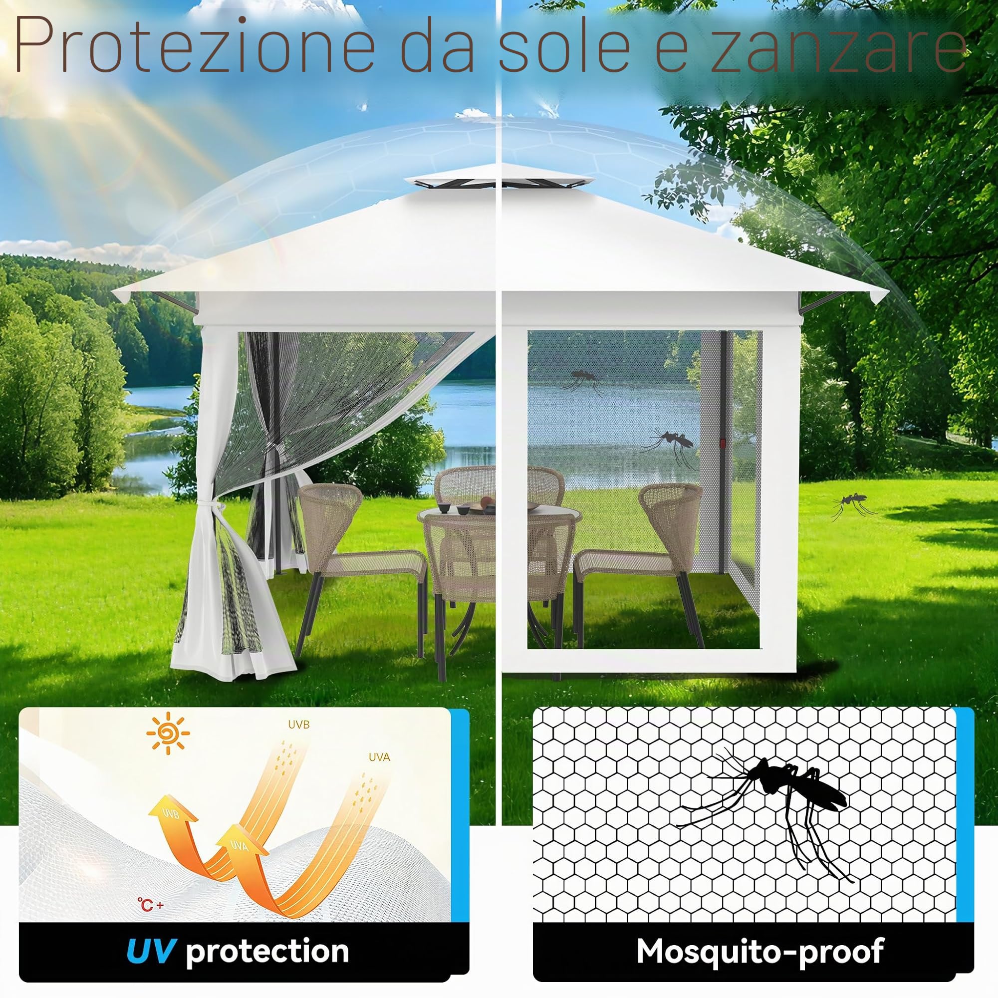 FIVMEN Padiglione 4x4 pop-up, stabile, resistente all'inverno, padiglione pieghevole, altezza regolabile con doppio tetto e 4 zanzariere, parti laterali, padiglione da giardino, con borsa per il