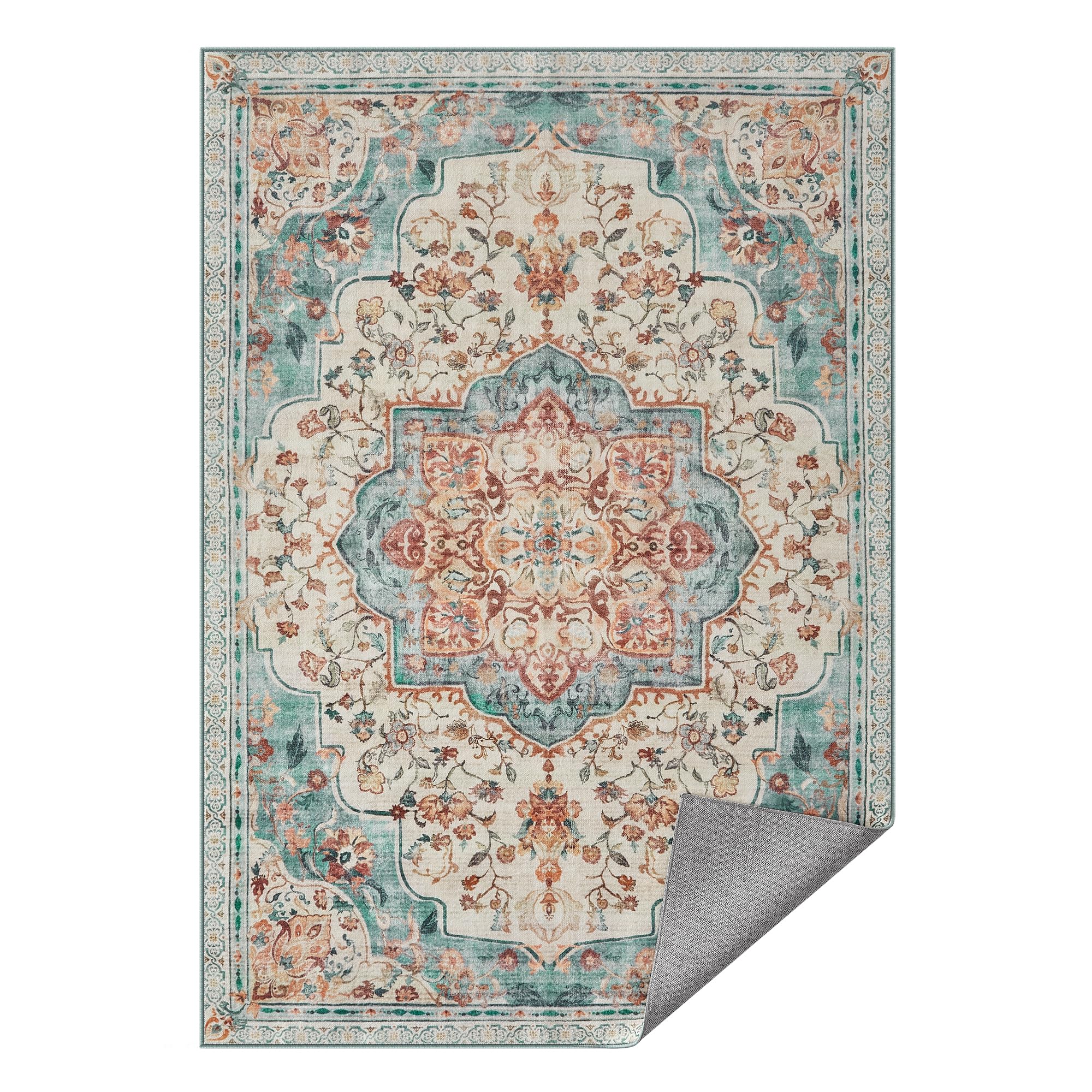 SONGMICS HOME Alfombra, Alfombra Antideslizante 120 x 170 cm para Dormitorio, Estilo Tradicional Vintage, Adorno para Salón, Cocina, Entrada, Comedor, Lavable a Máquina, Azul Verdoso TAR032Q01