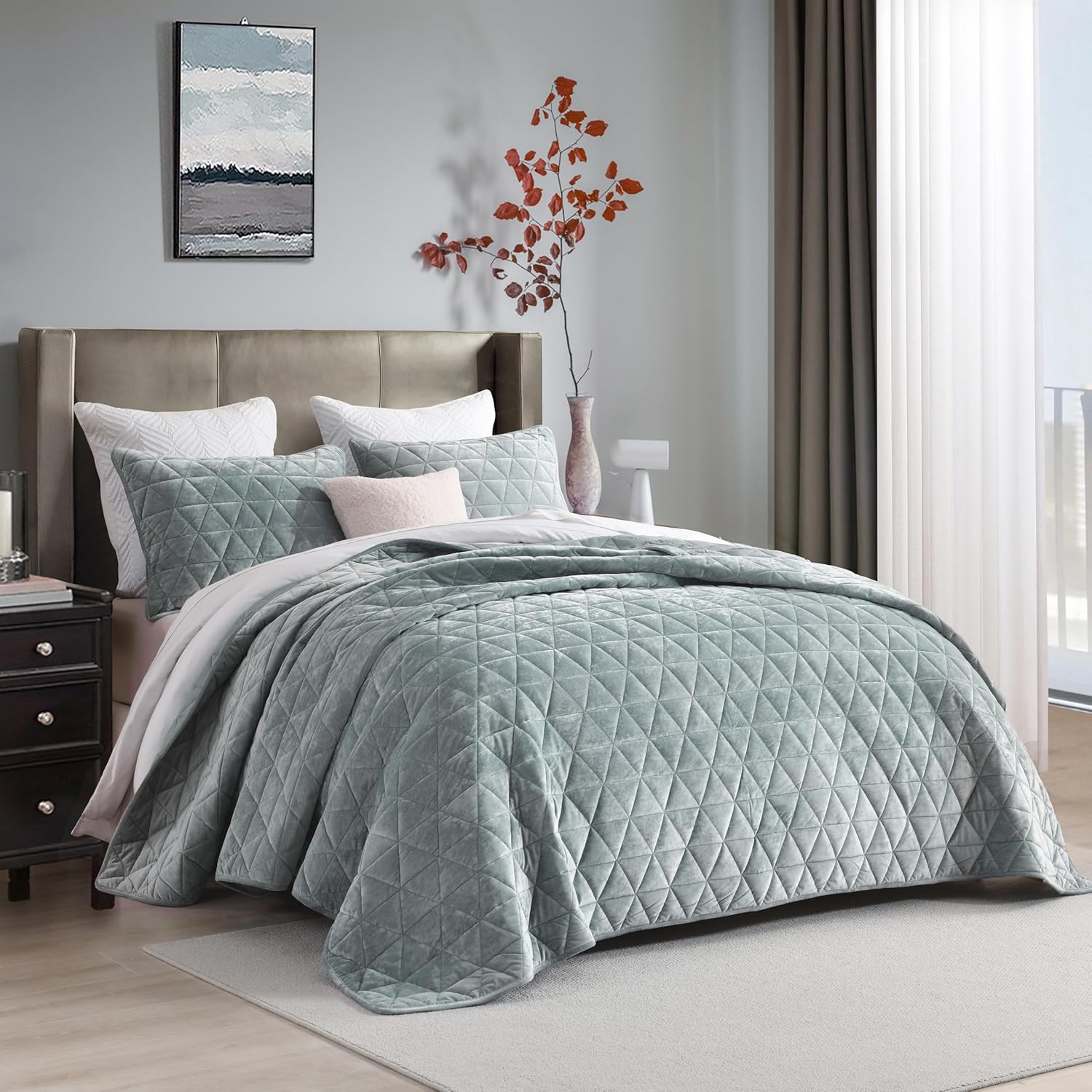 Homzard Velvet Quilt Set, Smoky Green King Size Comforter Set,Soft Lightweight Bedding Comforter Set, Luxury Bedding Bedspread Set, 3 Piece Bed Set, All Season, King Size