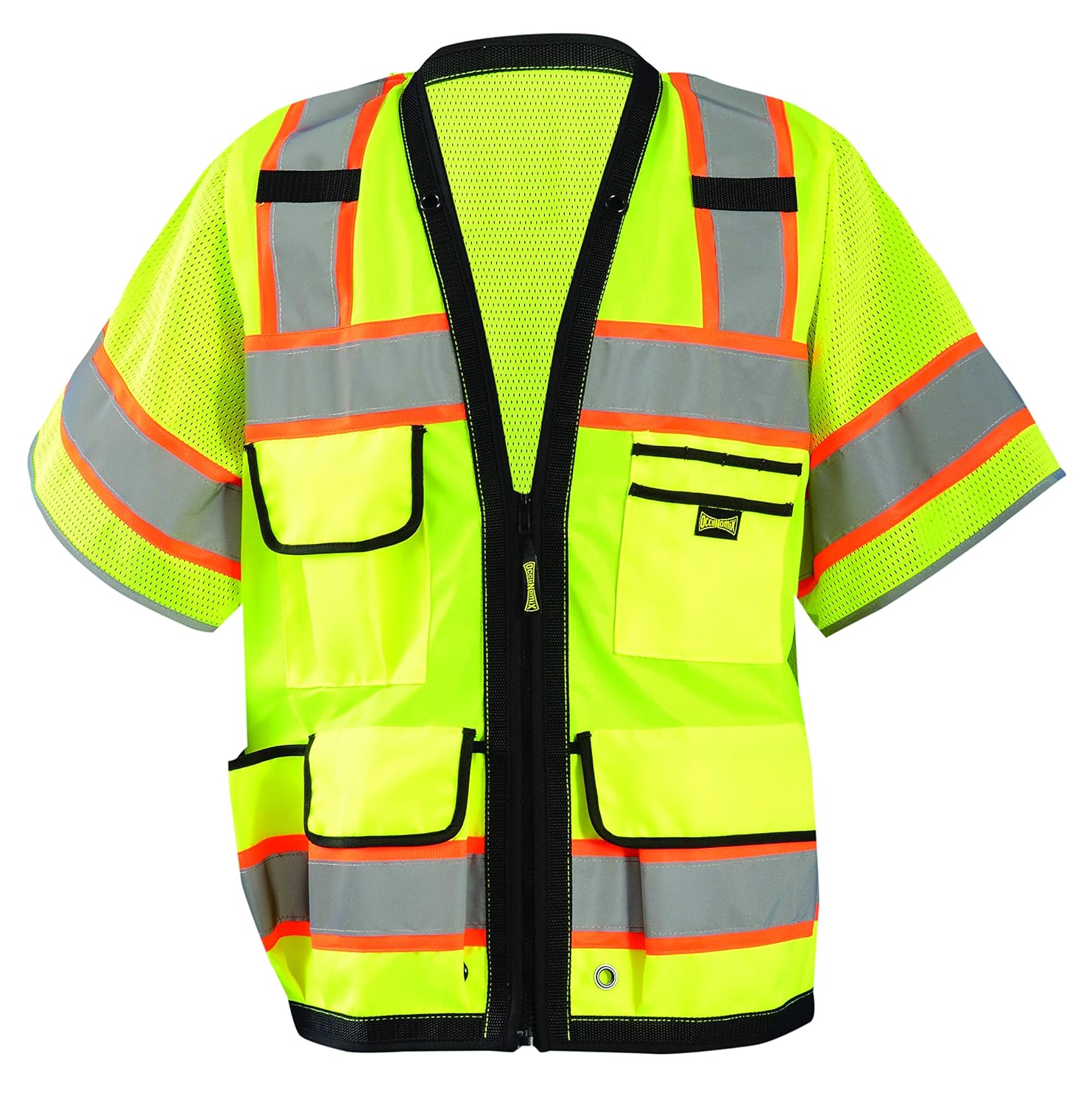 OccuNomix LUX-HDS2T3-YXL Heavy Duty Solid/Mesh Two-Tone Surveyor Vest with Zipper, 8 Pockets, Class 3, 100% ANSI Polyester, X-Large, Yellow (High Visibility)