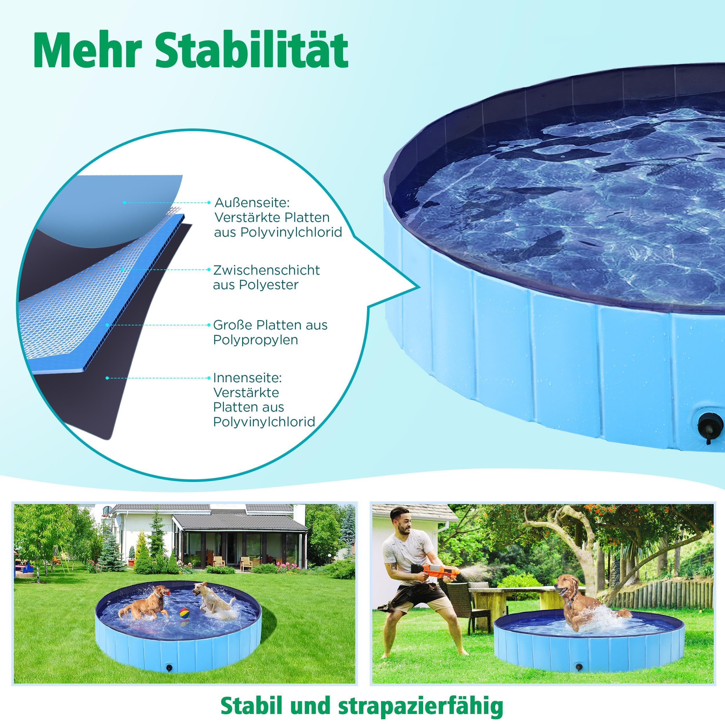 Yaheetech Hundepool faltbar Planschbecken 160 x 30 cm Anti-Rutsch-Platten PVC Blau