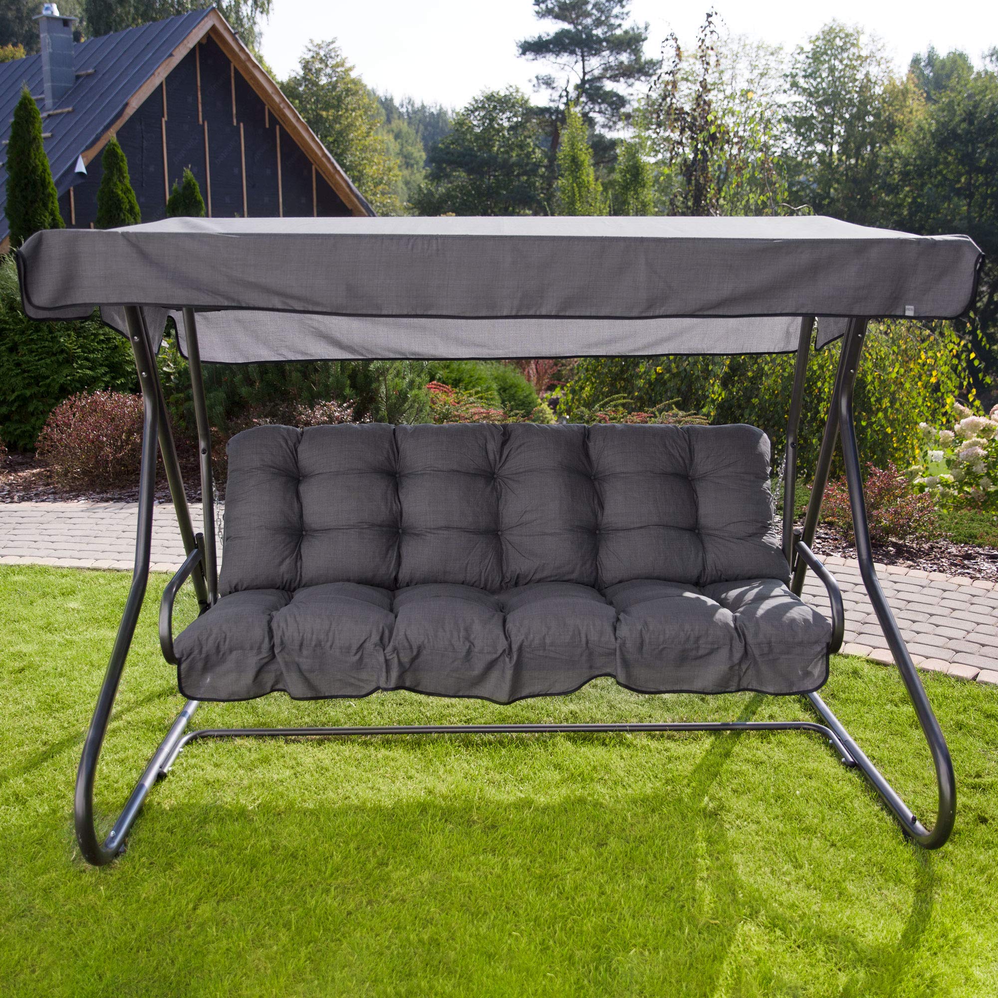 PATIO Hollywoodschaukel Auflage 175 grau Parma/Milano mit Sonnendach | Sitzpolster für Gartenschaukel Bank Sofa gesteppt Volant vorne