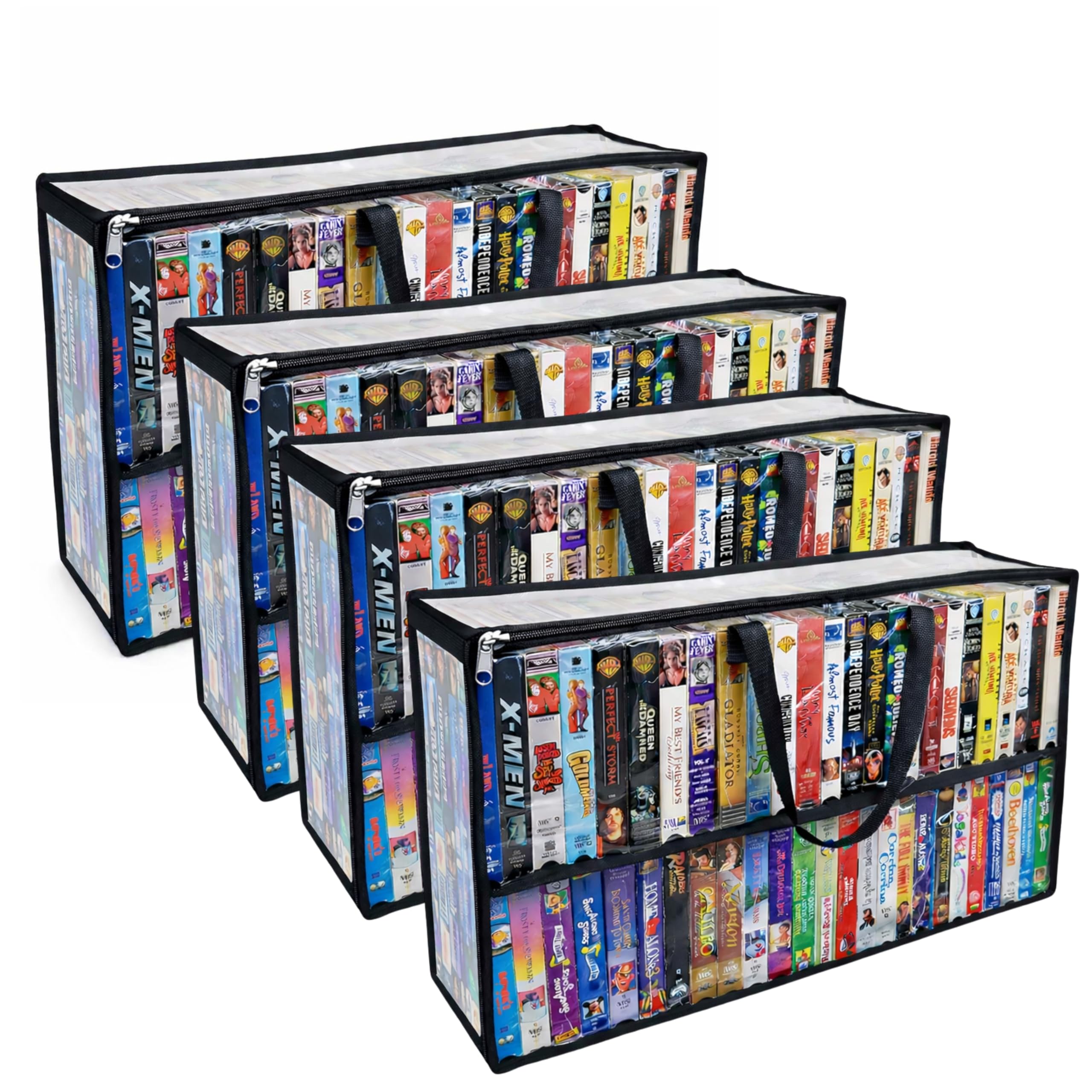 Evelots 4 Pack-VHS Movie Tape Storage Bag/Case, Clear PVC Plastic-Holds 200 Total, Strong Handles-No Dirt/Moisture/Dust