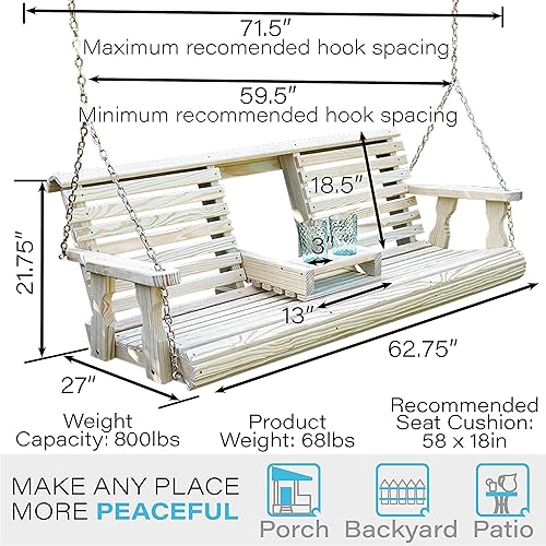 Miniatura 10 de Columpio Amish tratado, resistente, con inclinación hacia atrás y compartimiento, para pórtico, 800 libras, con cadenas colgantes