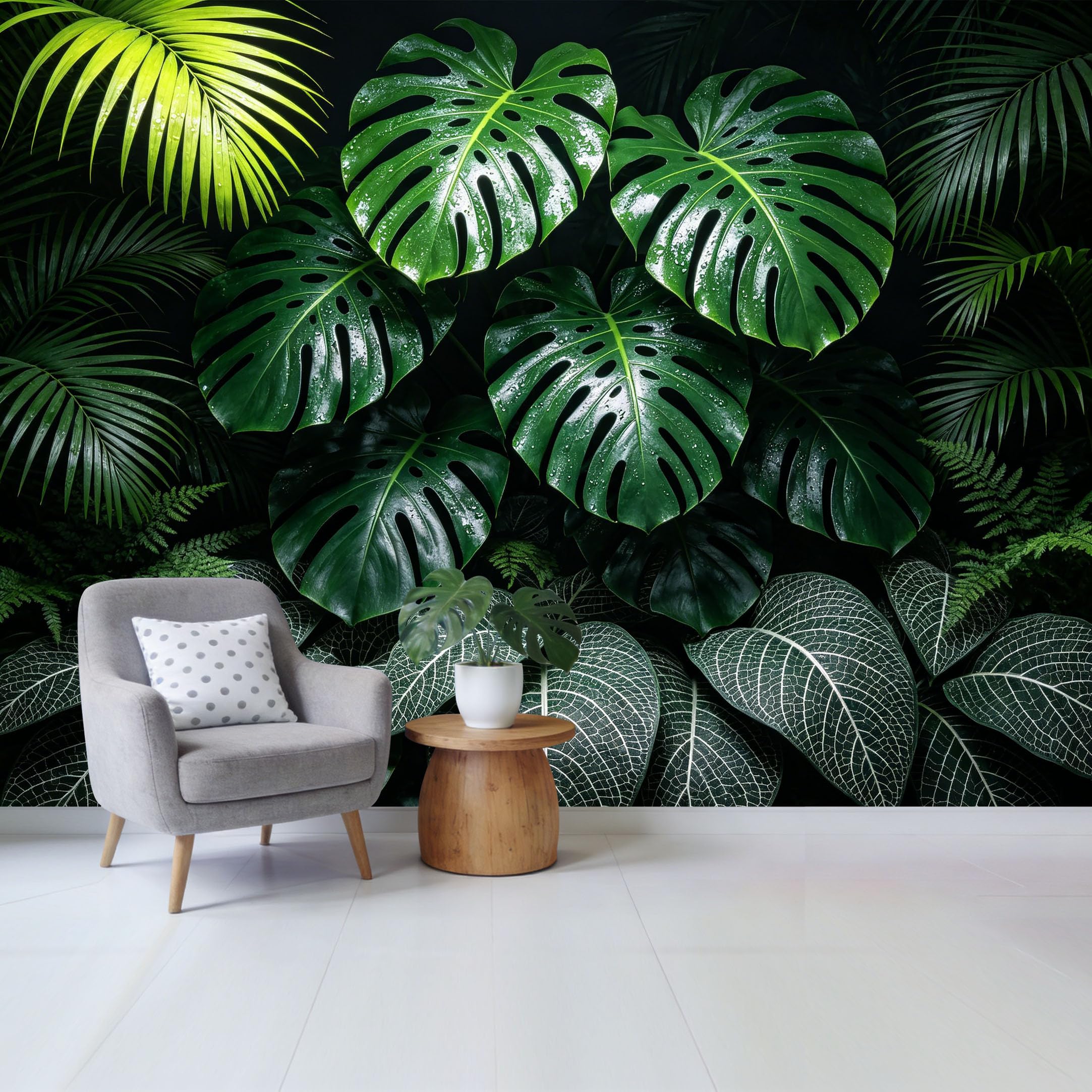 Custom Size Wall Mural， Tropical Jungle Monstera Palm Fern Leaves Removable Self Adhesive Fabric，Home Wall Decor for Living Room Bedroom Bathroom