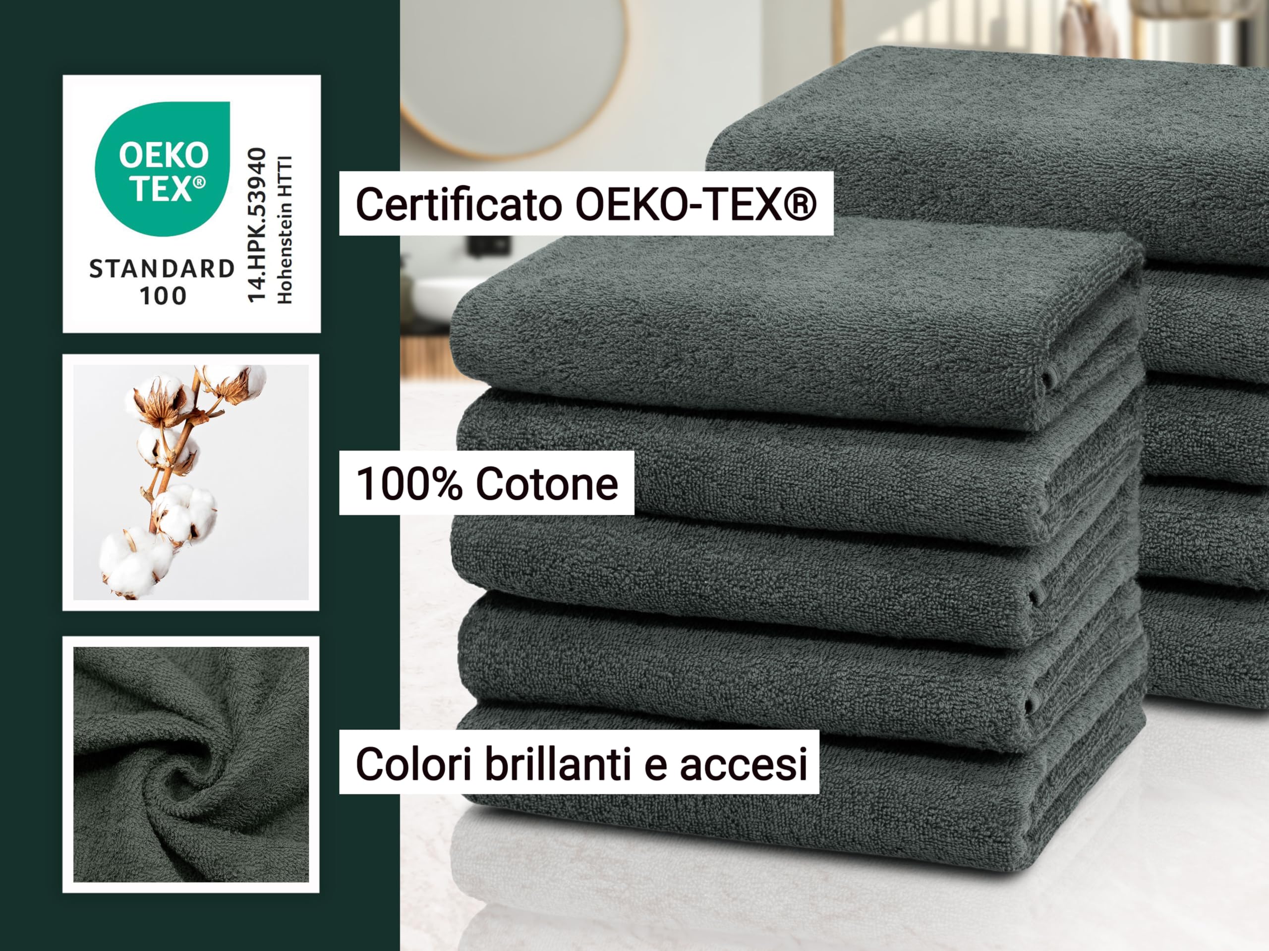 ZOLLNER Set di 10 asciugamani da bagno 50x100 cm - super assorbenti - grigio scuro - con gancetto - lavabili a 60°C - cotone - qualità d'albergo