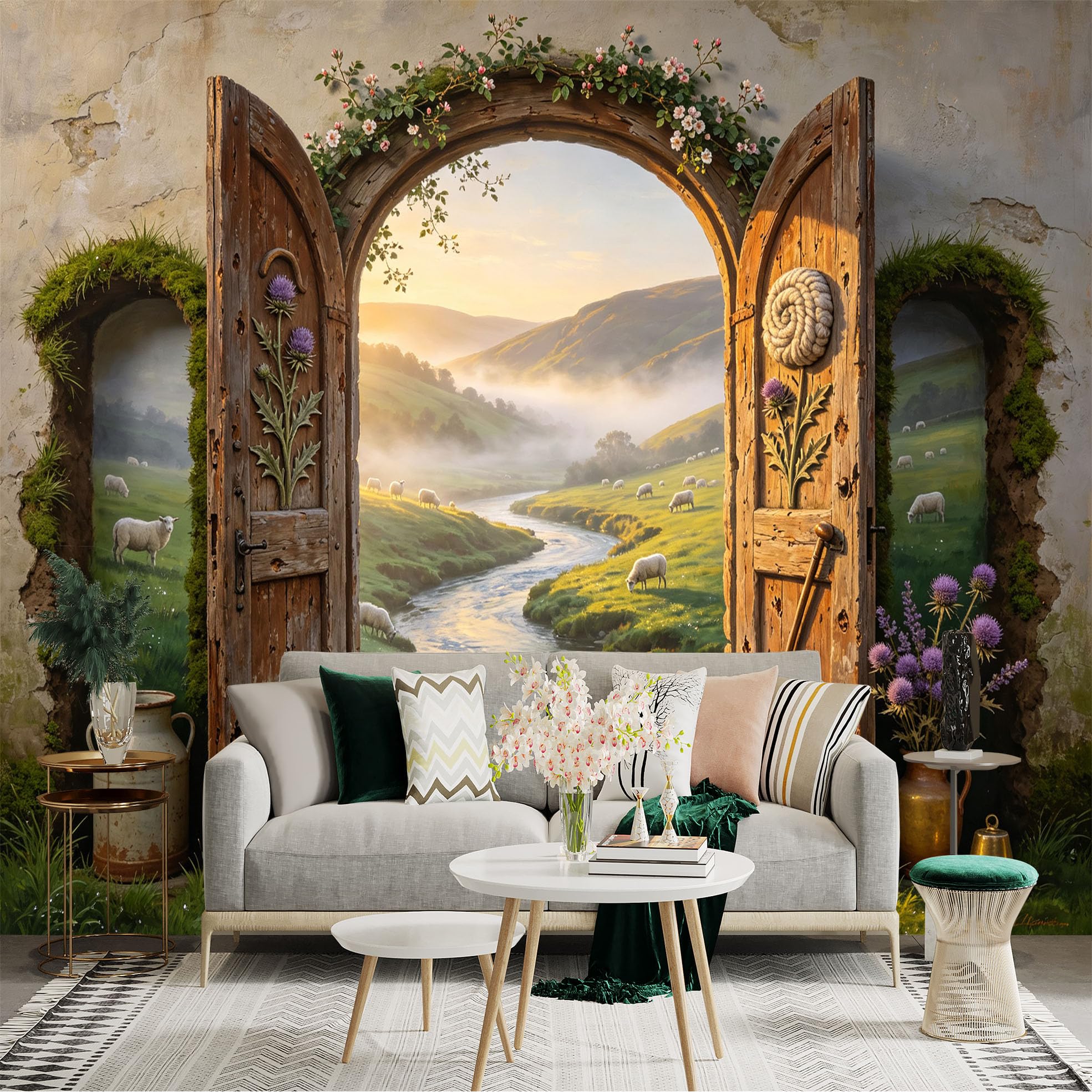 Custom Size Wall Sticker Mural， Rustic Wooden Door， Countryside River Valley， Sheep Meadow Landscape， for wall Decoration， peelandstick wall Decals.