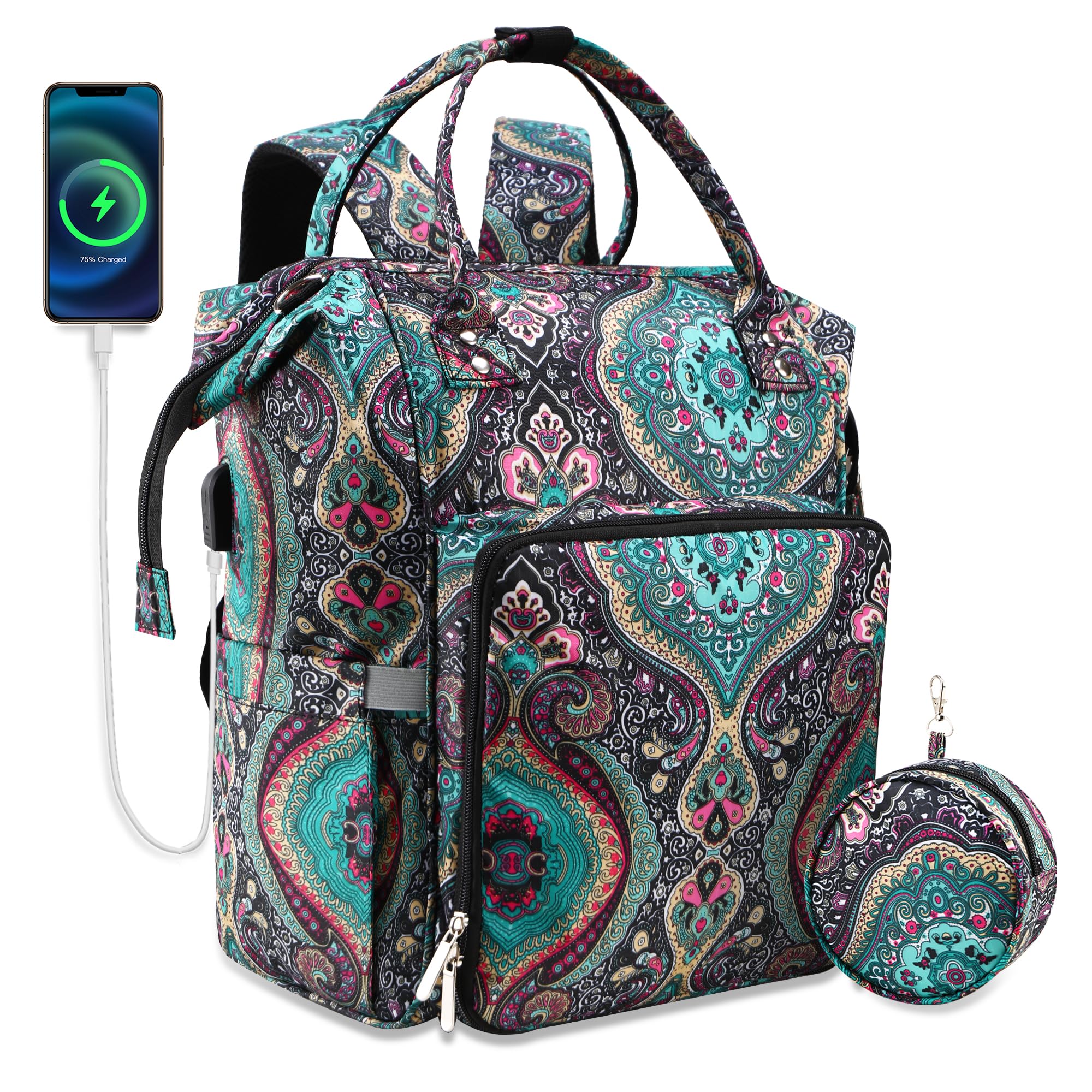 JOZEA Knitting Bag Backpack with USB Charging Port, Large Craft Organiser Bag for Knitting Accessories, Wool Storage for Crochet Projects, 2-Way Travel Bags and Totes(Paisley)