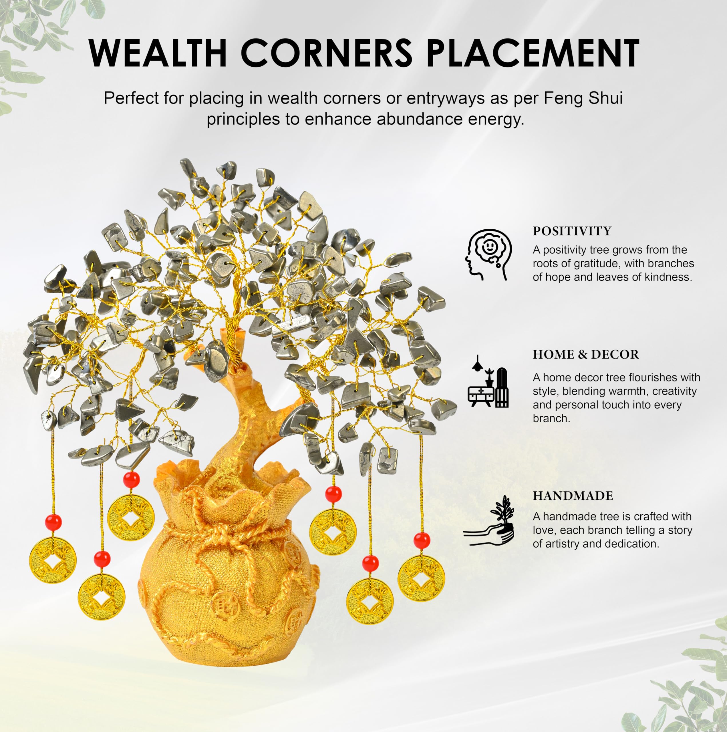 Crocon Pyrite Money Magnet Crystal Tree Golden Potli Base & 6 Feng Shui Coins – Wealth, Protection & Confidence – Vastu Remedy & Feng Shui Gift for Home, Office, Men & Women 3