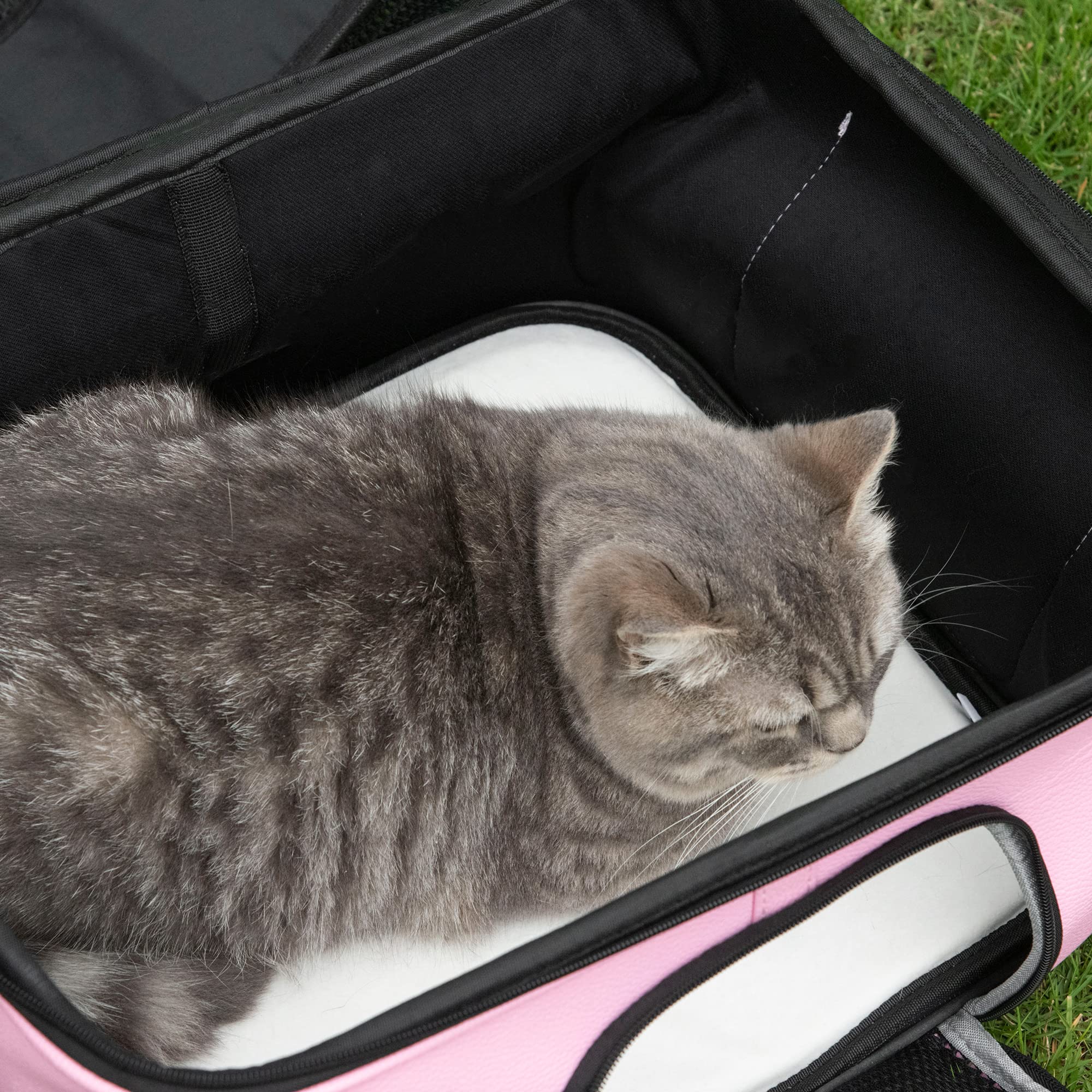 PawHut Trasportino per Gatti e Cani con 2 Porte a Cerniera, Borsa per Cani con Tasche e Cuscino, 50x35x36cm, Rosa