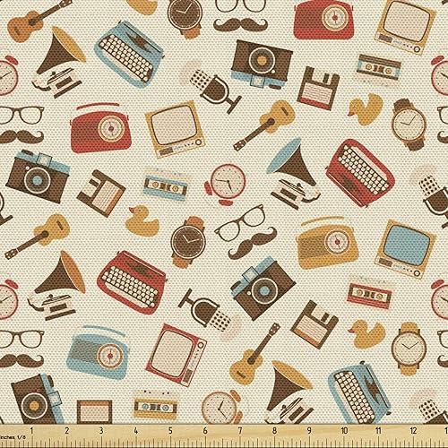 Ambesonne The Yard - Reloj despertador de tela vintage con patrón retro, máquina de escribir, granófono, radio, tela decorativa para tapicería y
