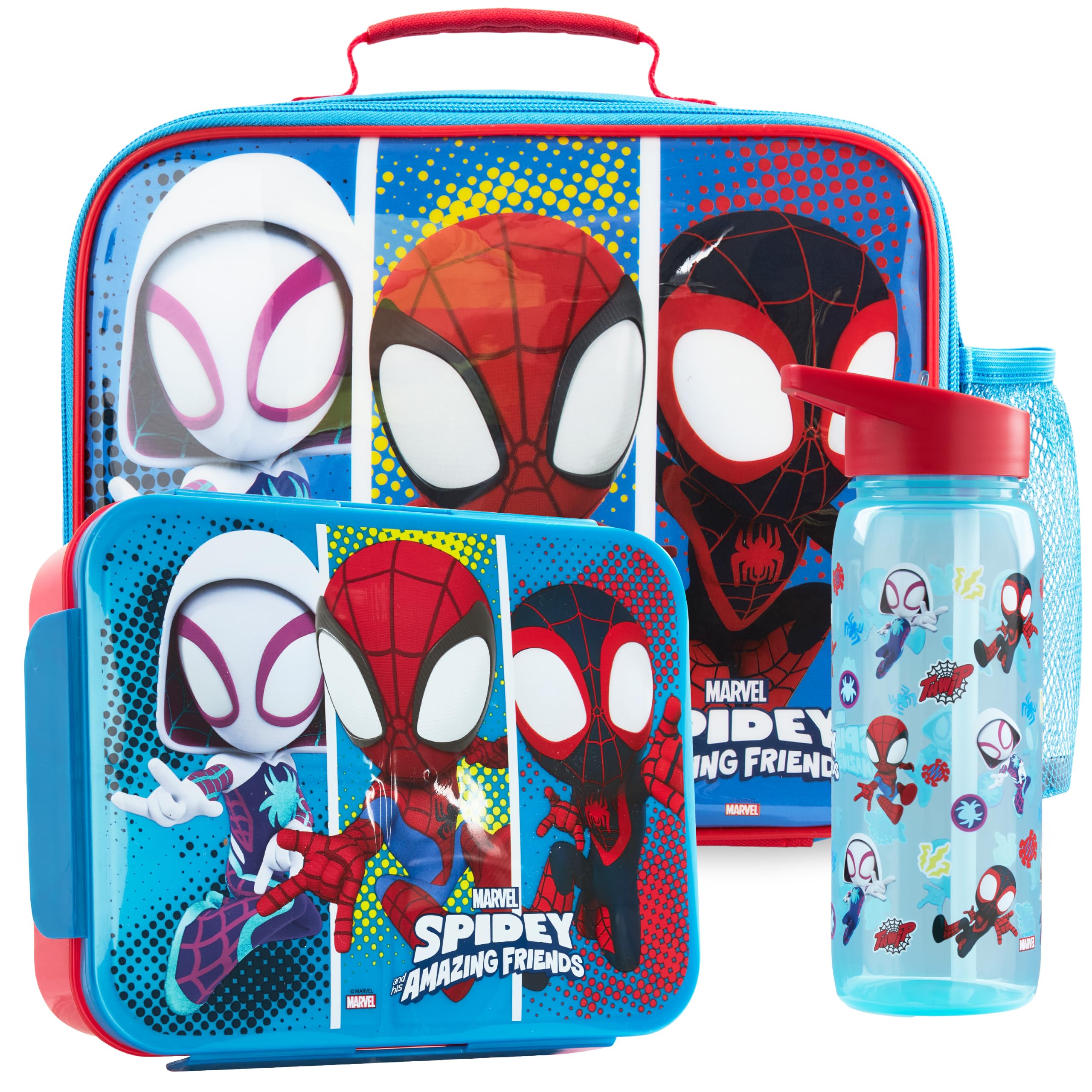 Get Trend Spidey and Amazing Friends Kids Insulated Lunch Bag Set, 3Pc Bento Lunch Box, 640ml BPA-Free Water Bottle & Food Carrier for School, Travel, Picnic, Boys Gifts (Multi Spidey)