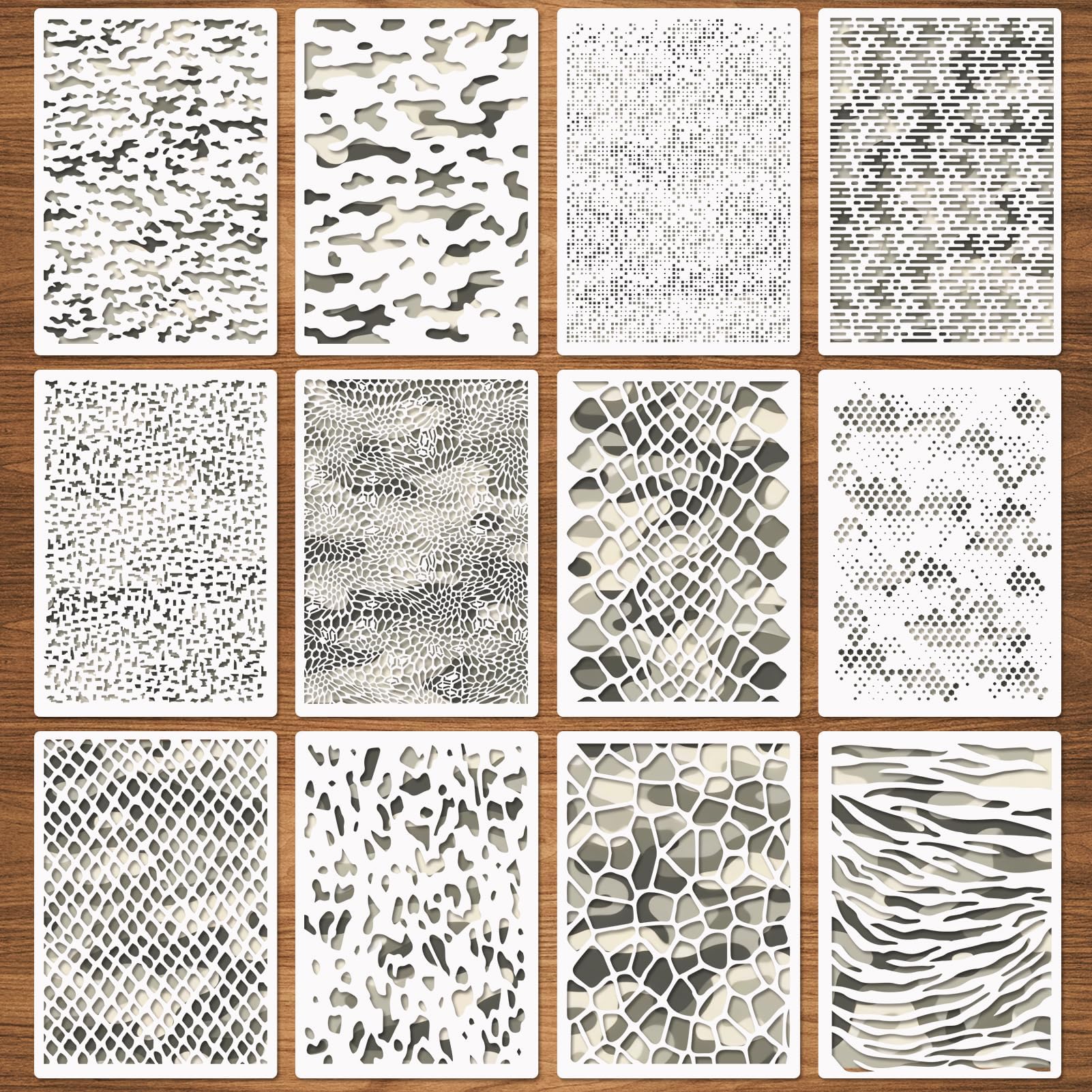 12 Pcs Camo Print Stencils, Large Camouflage Stencils for Spray Paint Reusable Digital Camo Pattern Stencils for Painting on Wood Boat Canvas Paper Crafts 8.3"x11.7"