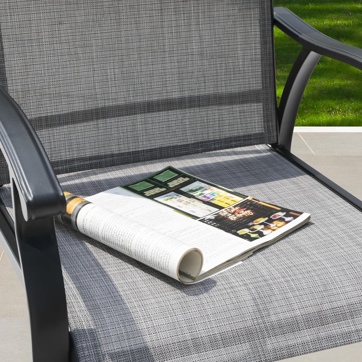NUU GARDEN 3 Piece Patio Bar Set, 2 Textilene High Bar Stools and Patio Bar Table, All-Weather Outdoor 3D-Print Tempered Glass High Bar Table Set for Backyard, Garden, Lawn, Porch, Gray and Black