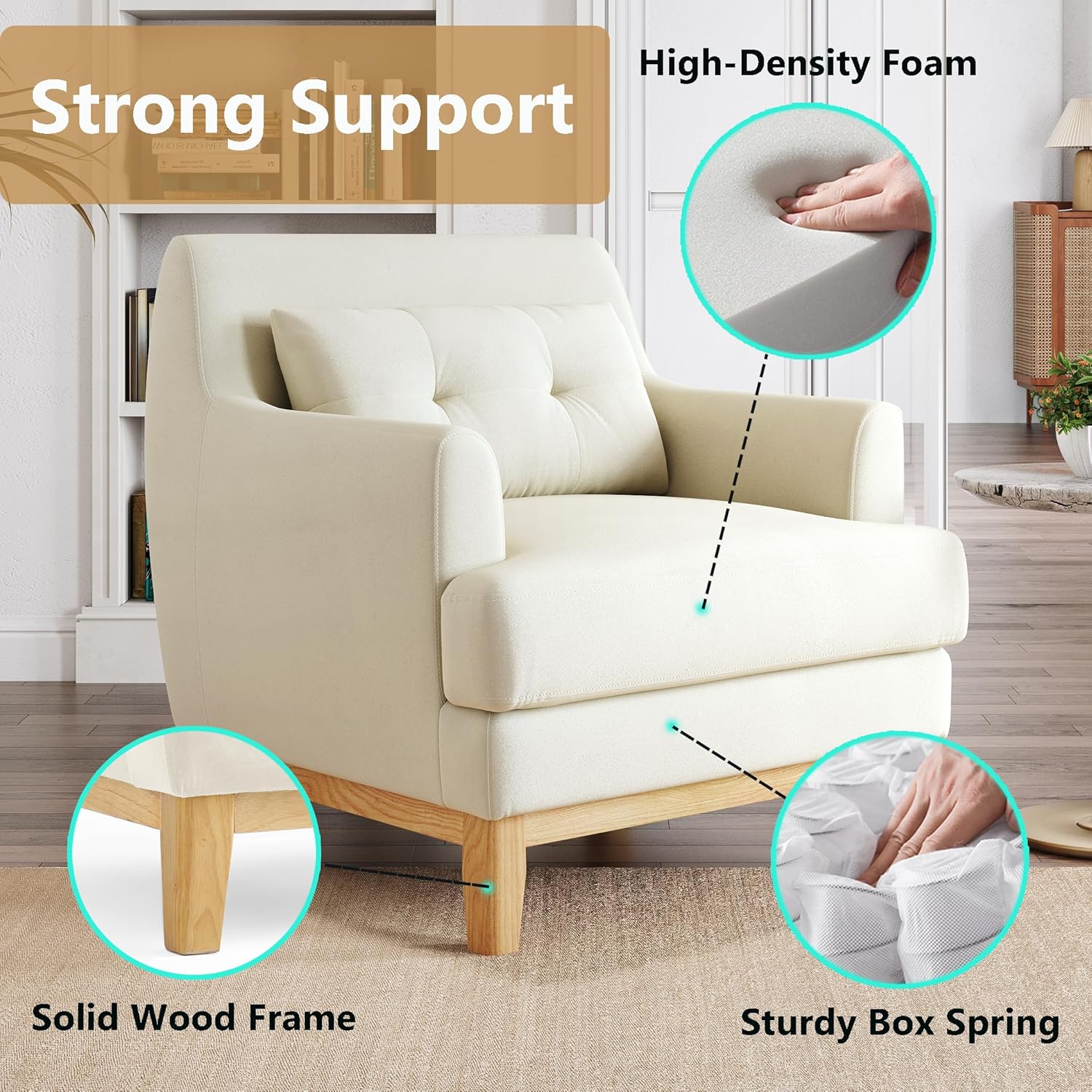LINSY Accent Chair, Large Reading Chair with Rubberwood Base, Mid Century Modern Armchair with Lumbar Pillow, Cozy Single Sofa Chair for Living Room Bedroom Office Study, Velvet Arm Chair, Beige