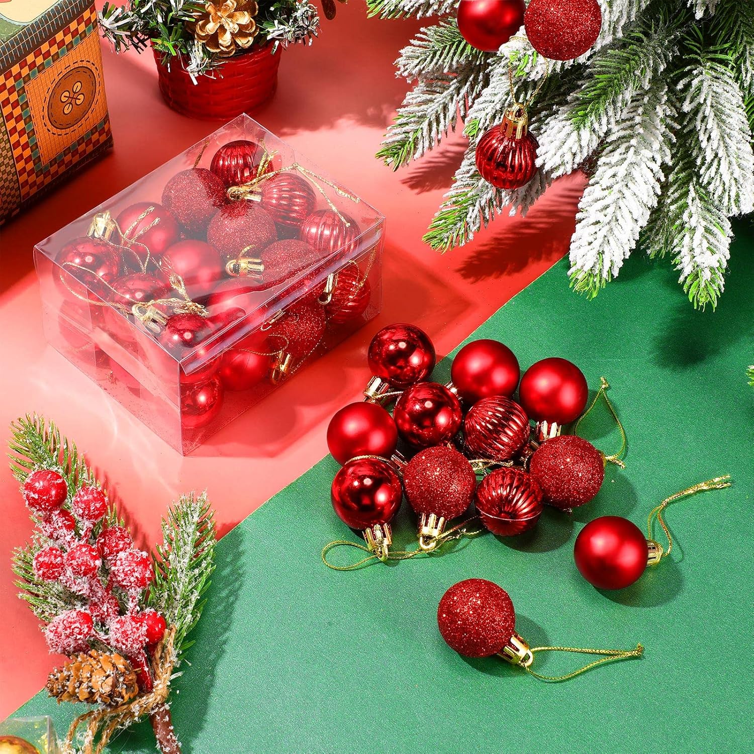 Sumind 48 Pieces Christmas Mini Balls Ornaments 1.2 Inch Miniature Glitter Balls Xmas Tree Small Hanging Decorations Pendants for Holiday Party Wedding Home DIY Craft Decor(Classic Style,Red)