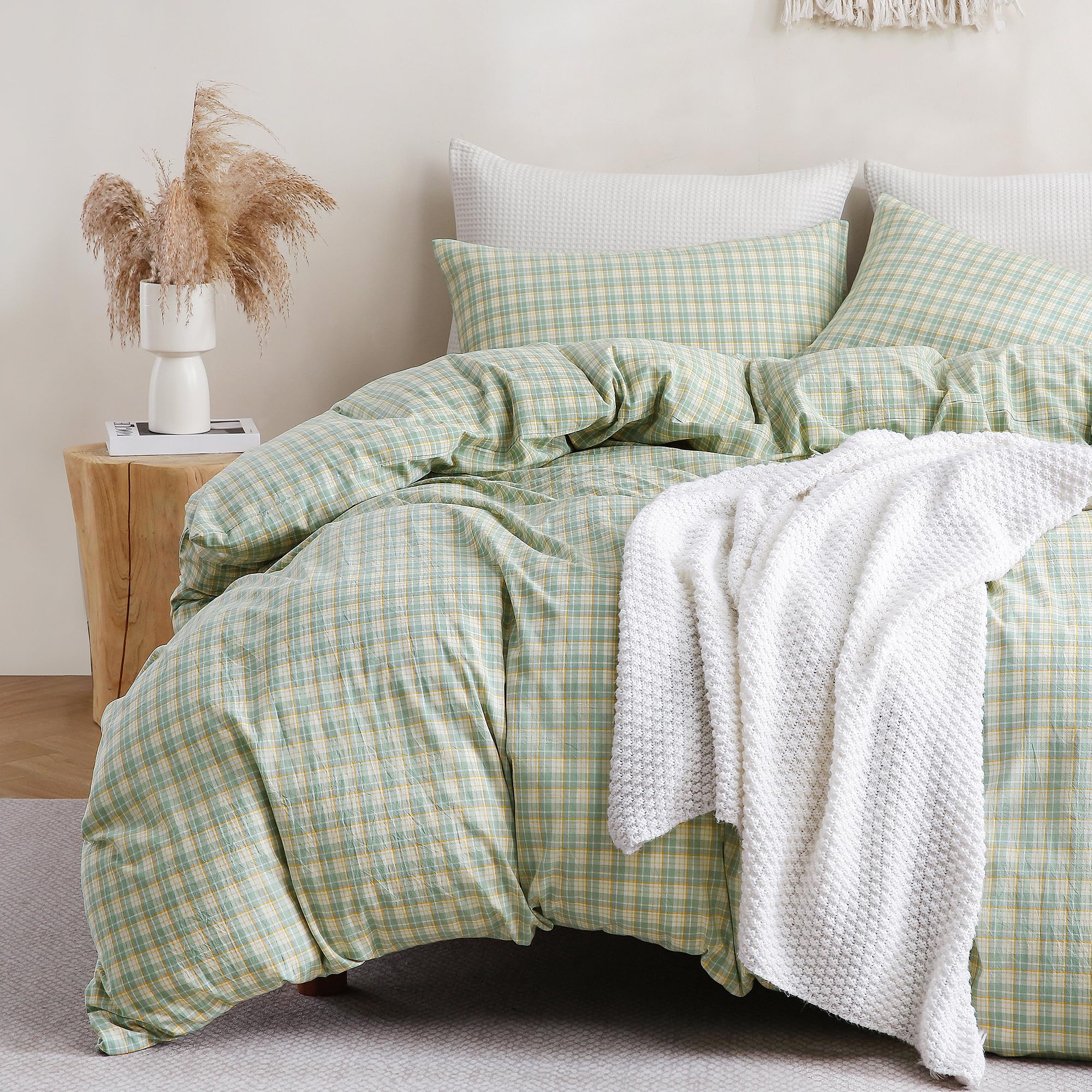 TOCOMOA Plaid Duvet Cover Set 100% Washed Cotton Like Linen, Queen