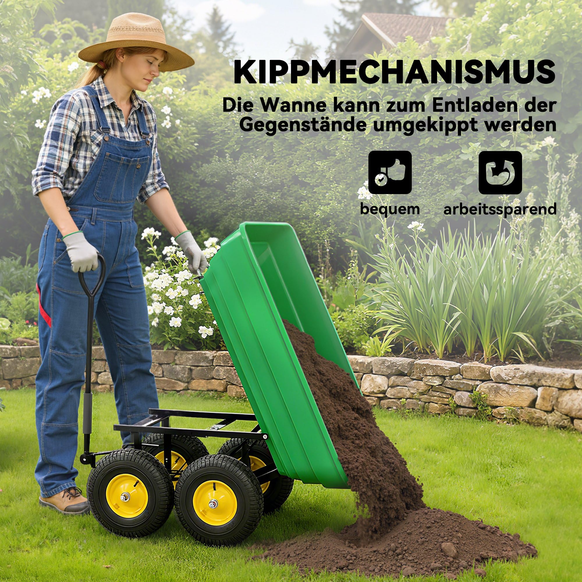 Outsunny Gartenwagen mit Kippfunktion Ziehgriff bis 200 kg Dunkelgrün | Handwagen, 75 Liter Kunststoffwanne, Luftbereifung, Bollerwagen Transportwagen Gartenkarre Dumper, für Gartenarbeit Rasen