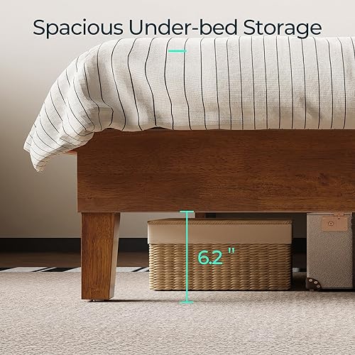 Miniatura 8 de LINSY Marco de cama de madera maciza, marcos de cama matrimonial con cabecero y bases de listones, marco de cama moderno de mediados de siglo, no