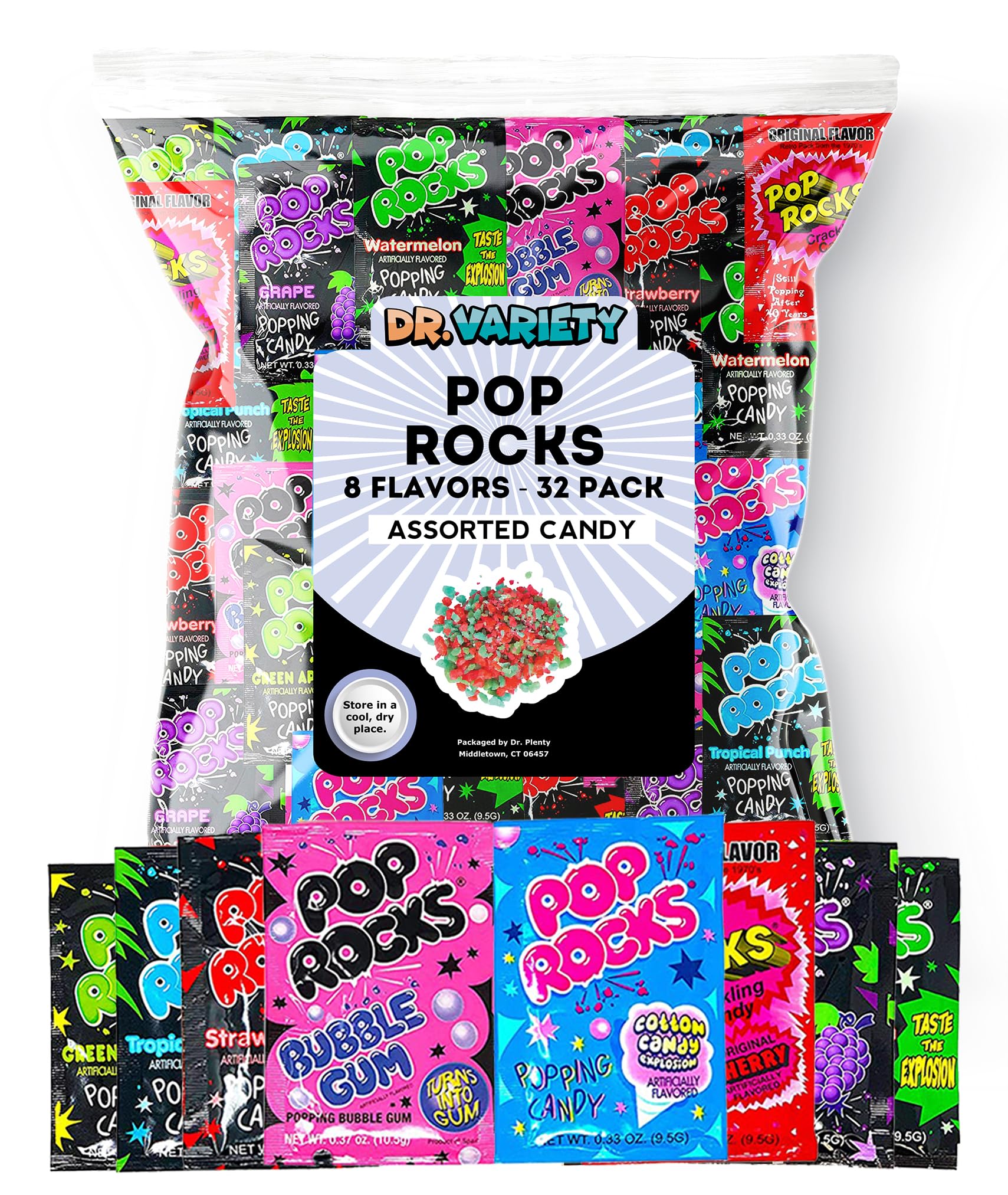 Doctor Plenty Pop Rocks Candy Variety Mix - 32 Pack of 8 Flavors - Retro Crackling Rock Candy - Bulk Pack Includes Tropical Punch, Bubble Gum, Cherry, and Much More
