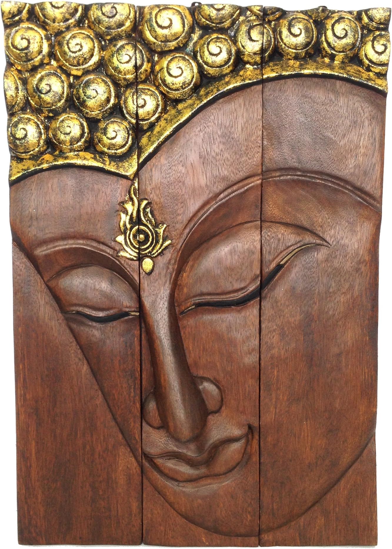 Hand Carved Buddha Face 3-Piece Panel Wall Décor, 20.5"L x 30"H x 2"W