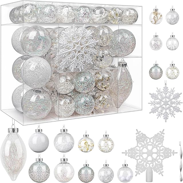 SHareconn Christmas Baubles , 80 Pcs Clear Shatterproof Plastic Christmas Balls, Christmas Tree Decoration Ornaments DIY Transparent Baubles for Holiday / Wedding / Party, White