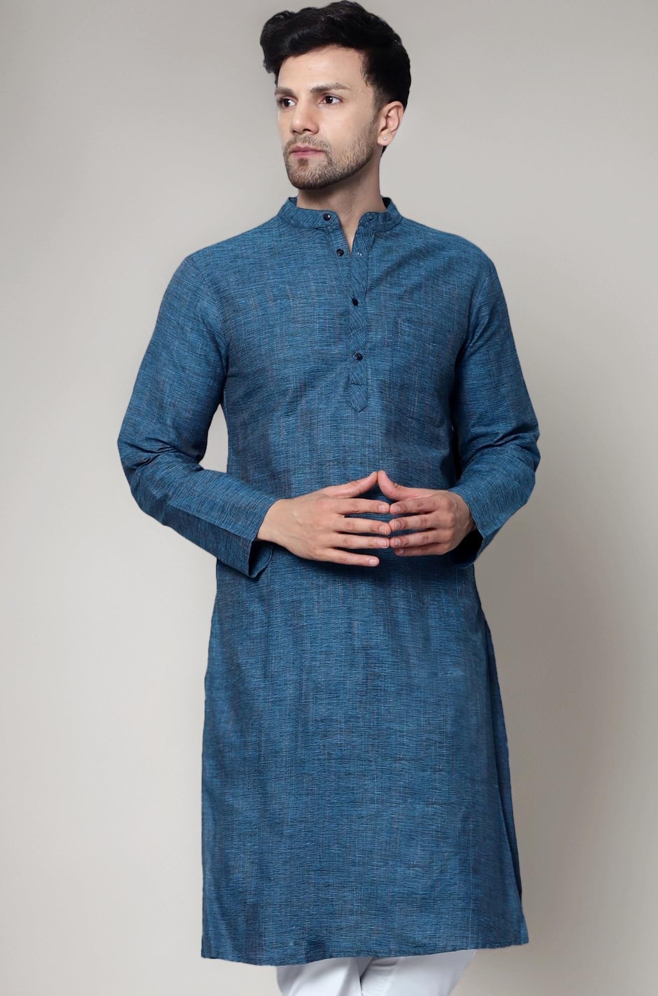 LATEST CHIKAN Men's Cotton Regular Textured Long Kurta Full Sleeves - Casual Ethnic Wear
