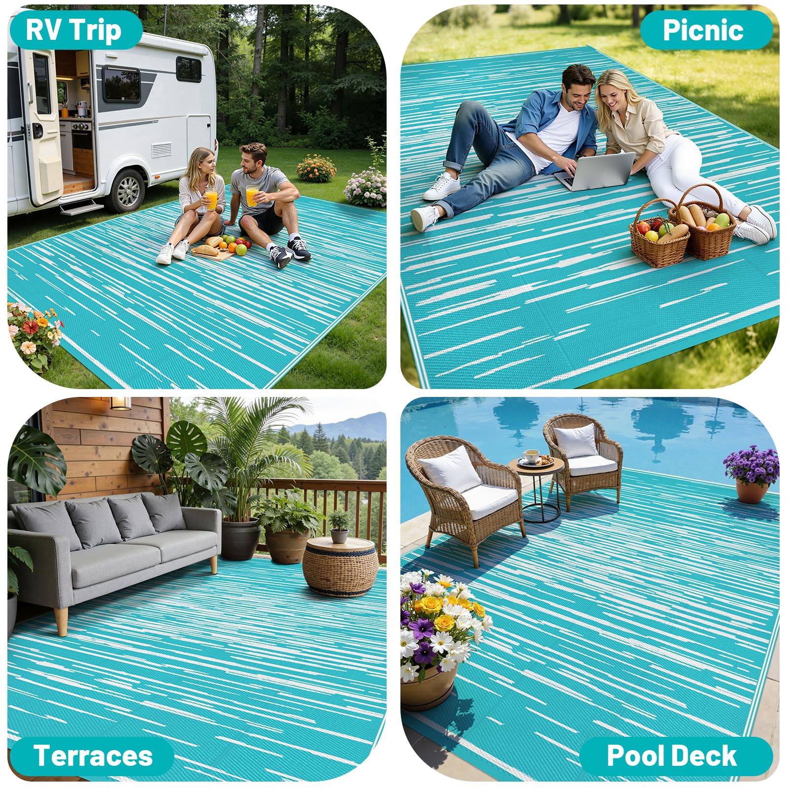 HEBE Alfombra al aire libre para patios, impermeable, 9 x 12 pies, reversible, de pajilla de plástico, extra grande, alfombra de camping para caravana, picnic, patio trasero, terraza, balcón, porche,