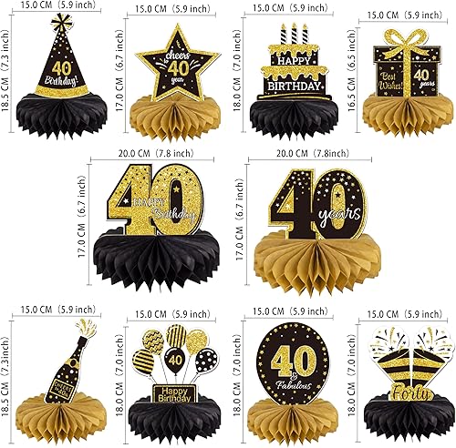 Miniatura 2 de Gexolenu 10 centros de mesa de panal de 40 cumpleaños dorados y negros que saludan a 40 años, centros de mesa para decoraciones de cumpleaños de 40
