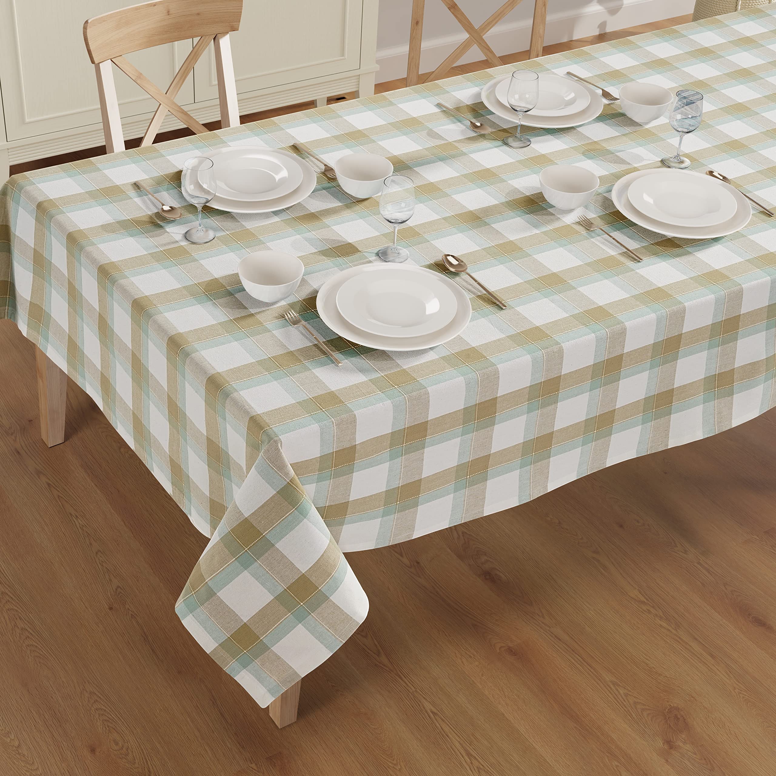 Casa De Lan Rectangle Table Cloth - Table Cover - Cotton Mitered Stitched - Checks Table Covers for Kitchen Dining, Wedding, Decorations, & Parties - 60x120 in - Taupe Tartan