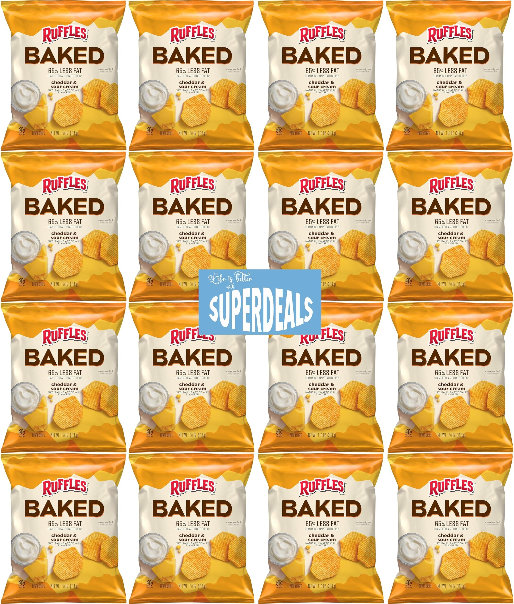 Baked, Ruffles Cheddar & Sour Cream, 1.125 Ounce (Pack of 16) Value Pack Bundled by SUPERDEALS with Mystery Gift