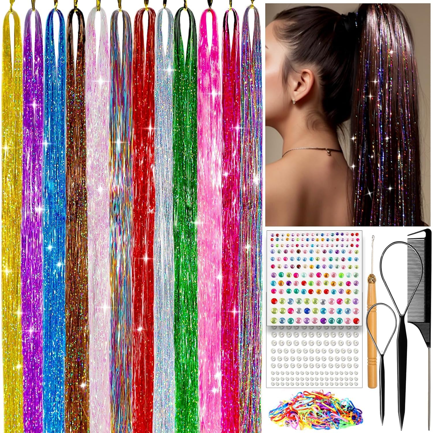 10 Colors Hair Tinsel Kit with Tool,48 inch 2000 Strands