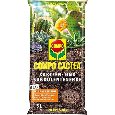 COMPO CACTEA Kakteen- und Sukkulentenerde mit 8 Wochen Dünger für alle Kakteenarten und dickblättrige Pflanzen, Kultursubstrat, 5 Liter