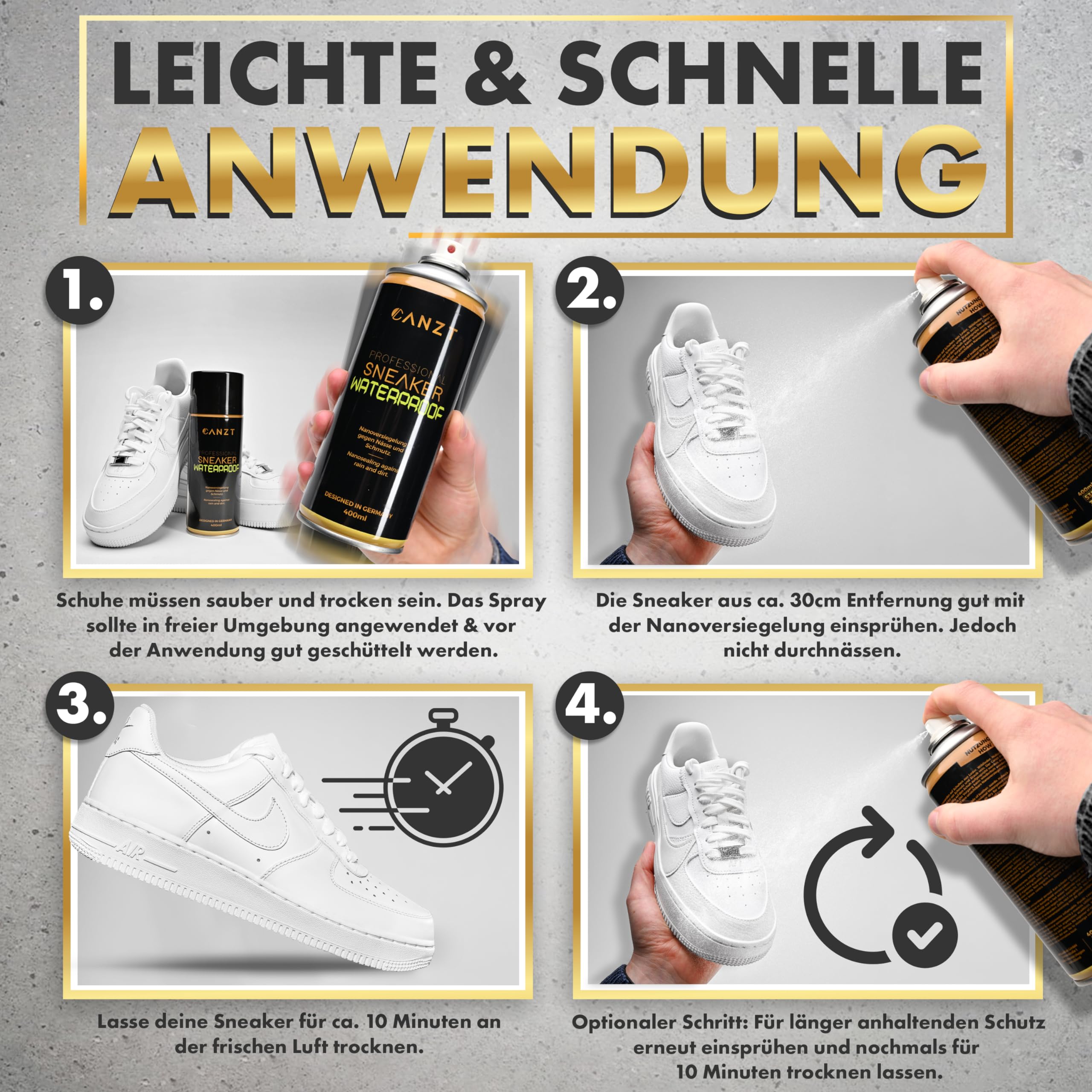 Canzt Imprägnierspray Schuhe 400ml – Schuh Imprägnierung für Wildleder, Leder, Nubuk & Textilien – Wasser- & Schmutzschutz für Sneaker & Outdoor-Schuhe