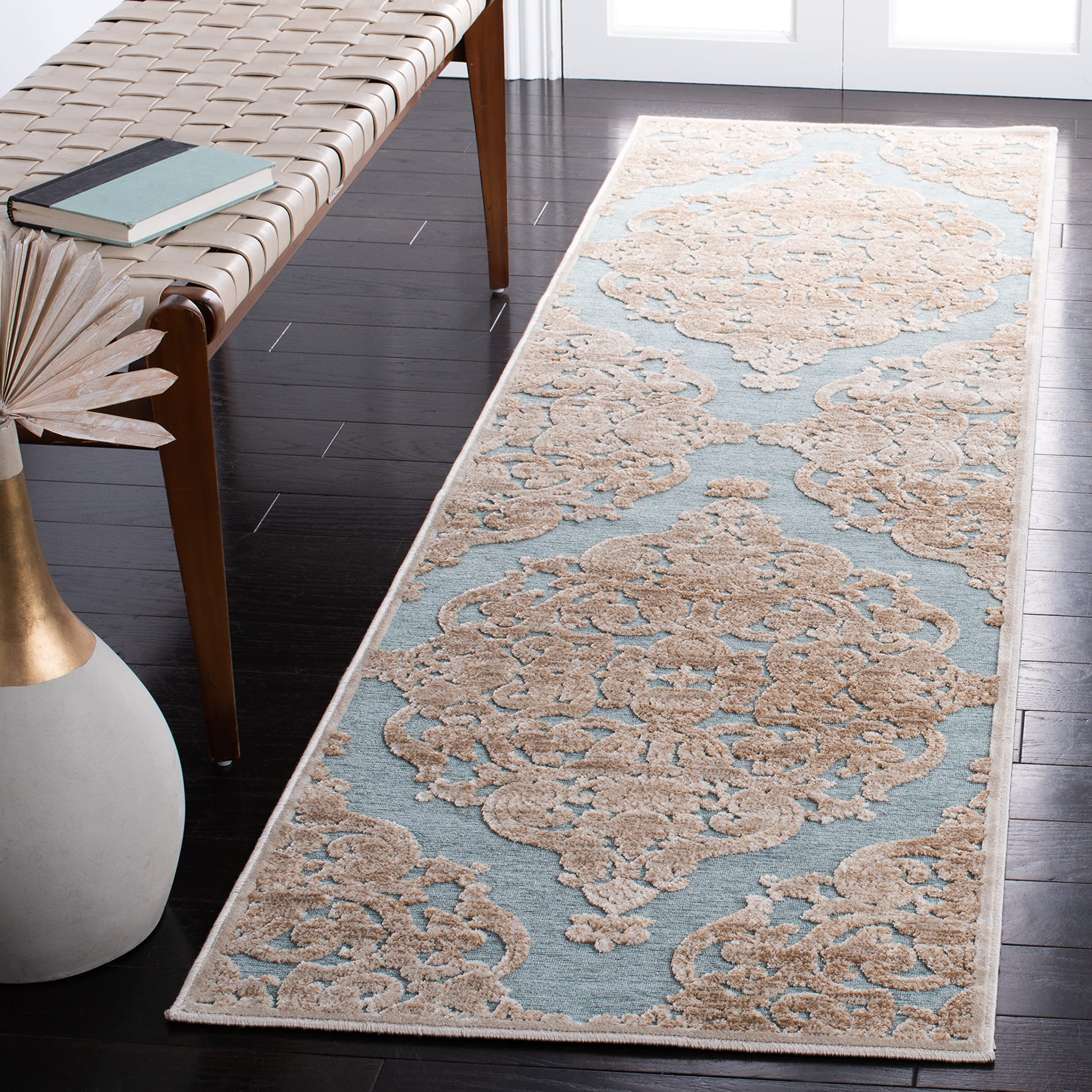 Safavieh Transitional Indoor Woven Runner Area Rug, Paradise Collection, PAR348, in Stone / Aqua, 66 X 244 cm for Living Room, Bedroom or Any Indoor Space