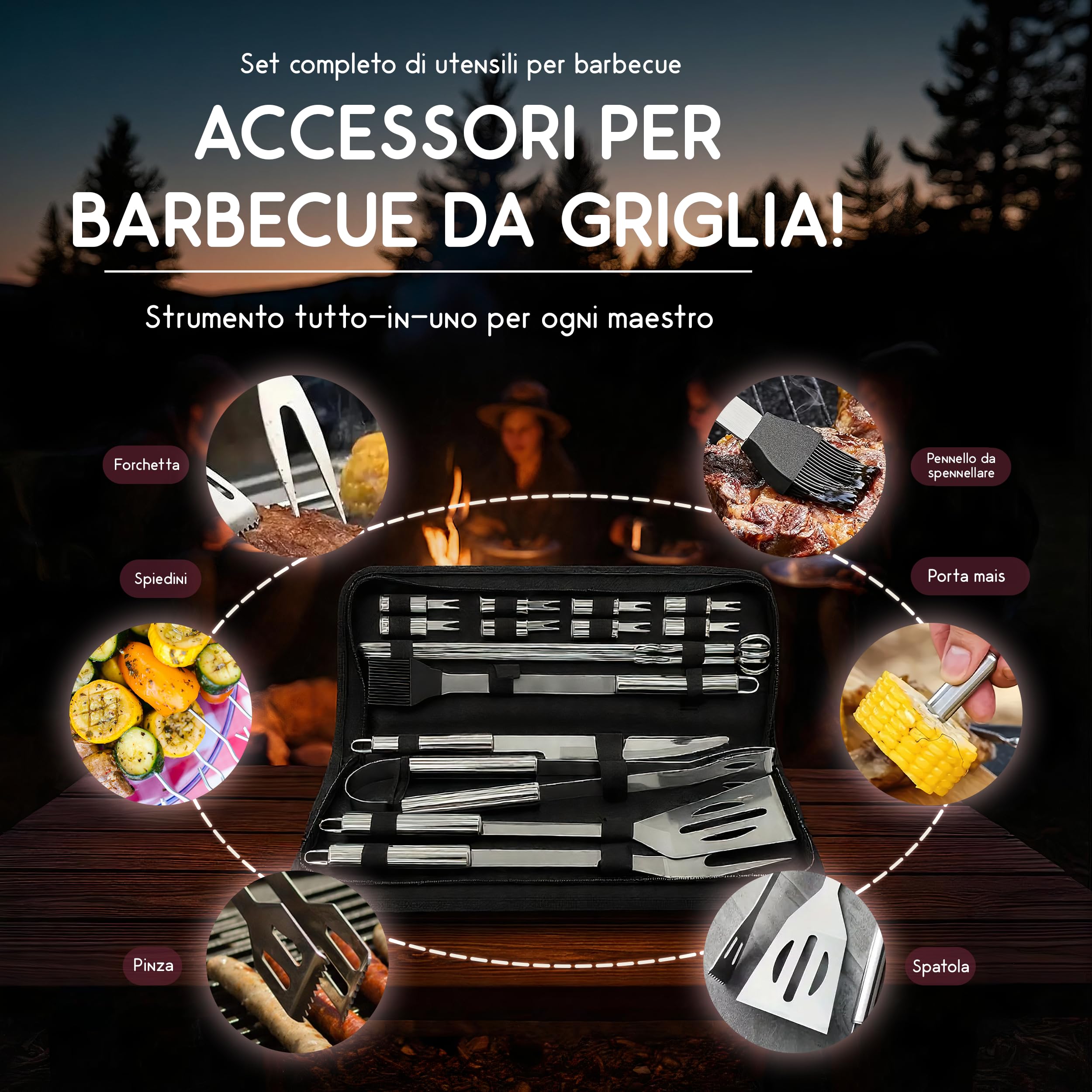 Set Barbecue in Acciaio Inox, Accessori Barbecue 18 Pezzi, Kit Barbecue con Custodia, Utensili Griglia per Barbecue, Idee Regalo Uomo, Perfetto per BBQ e Griglia Barbecue in Muratura