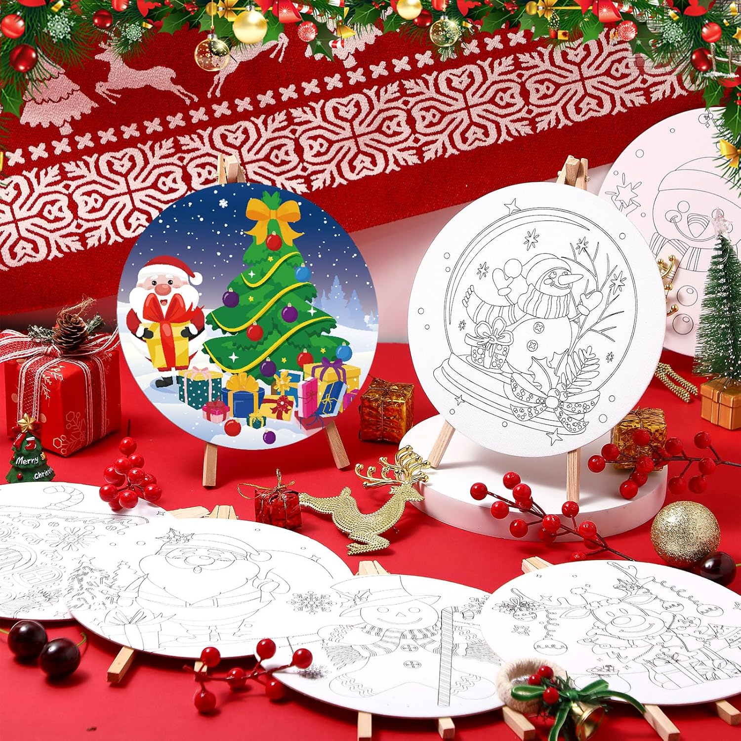 Supervitae 72 Piece Round Pre Drawn Canvas Kit Paint and Sip Kit for Adults Painting Party Pre Printed Canvas DIY with with Pictures Paints Easels Brushes for Party Gifts(Christmas,8")