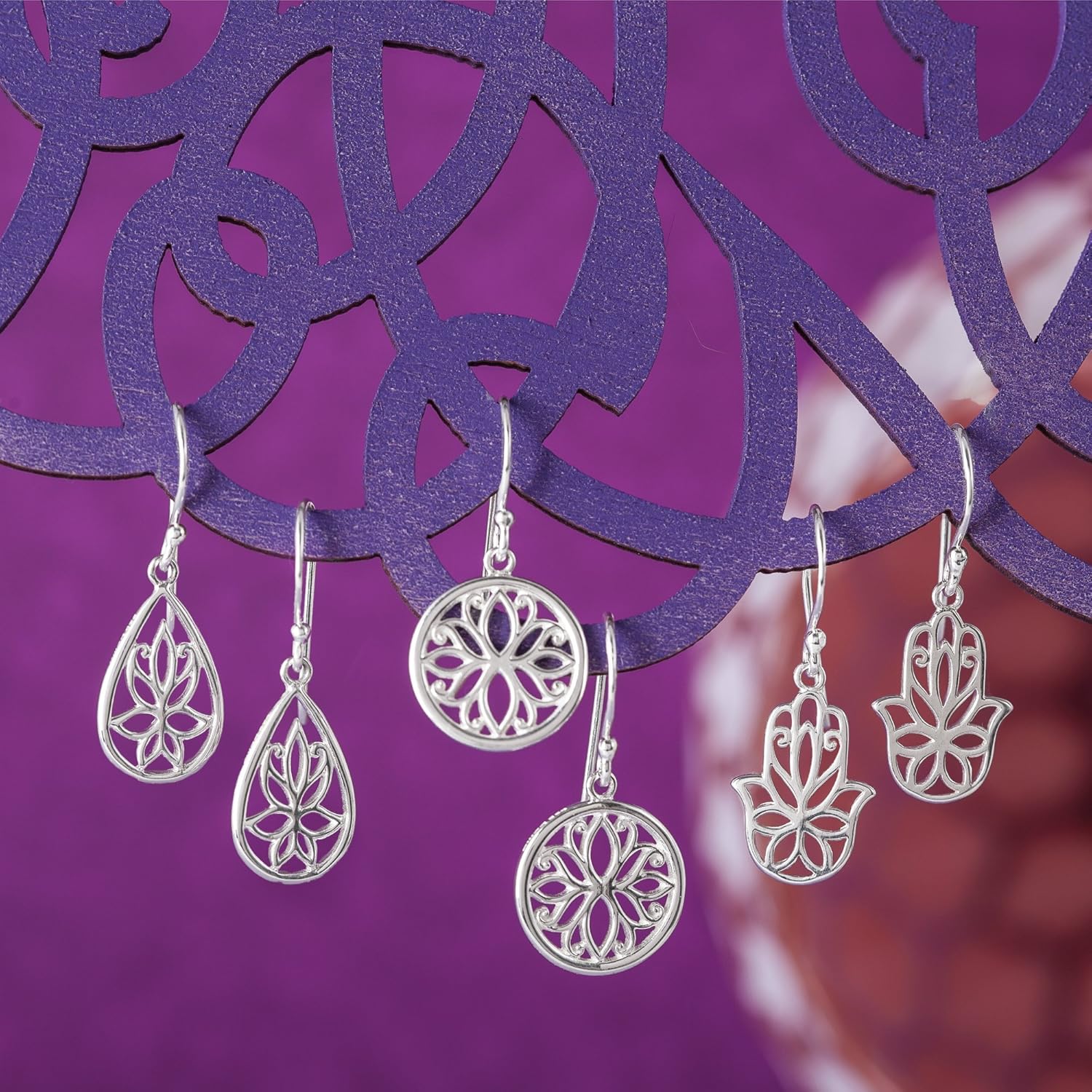 Boma Jewelry Sterling Silver Circle Lotus Flower Dangle Earrings