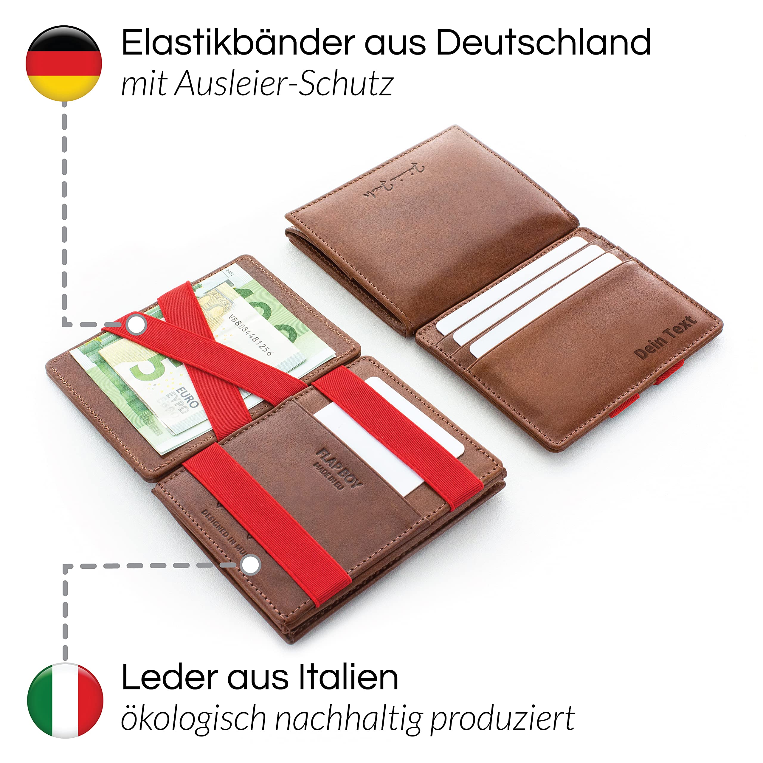 Jaimie Jacobs Flap Boy AirTag-Edition mit Gravur Magic Wallet Echtleder (Dunkelbraun mit Rot)