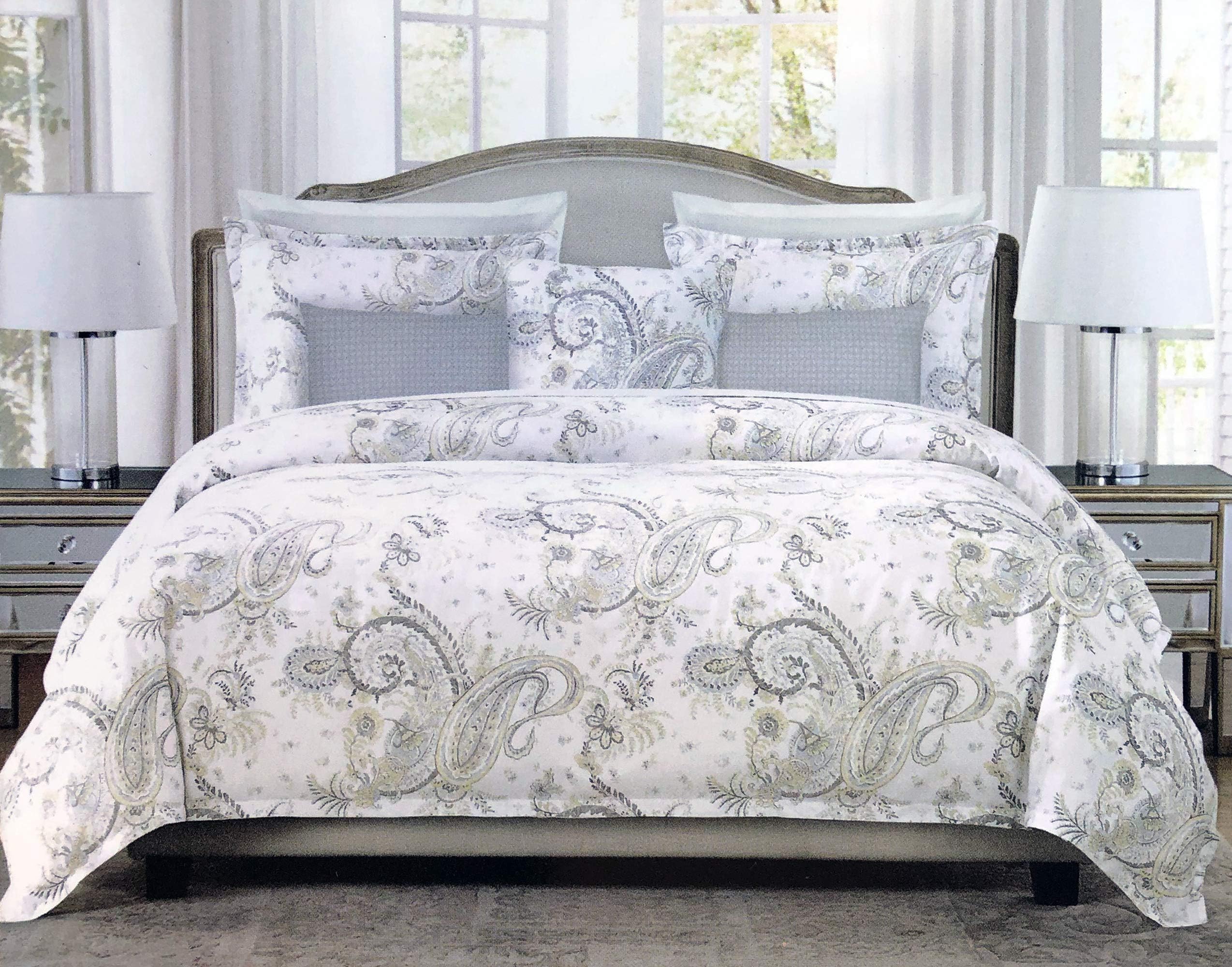 Tahari Home Maison Bedding 3 Piece Queen Size Luxury Duvet Comforter Cover Pillowcases Shams Set Pastel Floral Paisley Pattern in Shades of Blue Yellow Gray on White - Thelma, Morning Dew