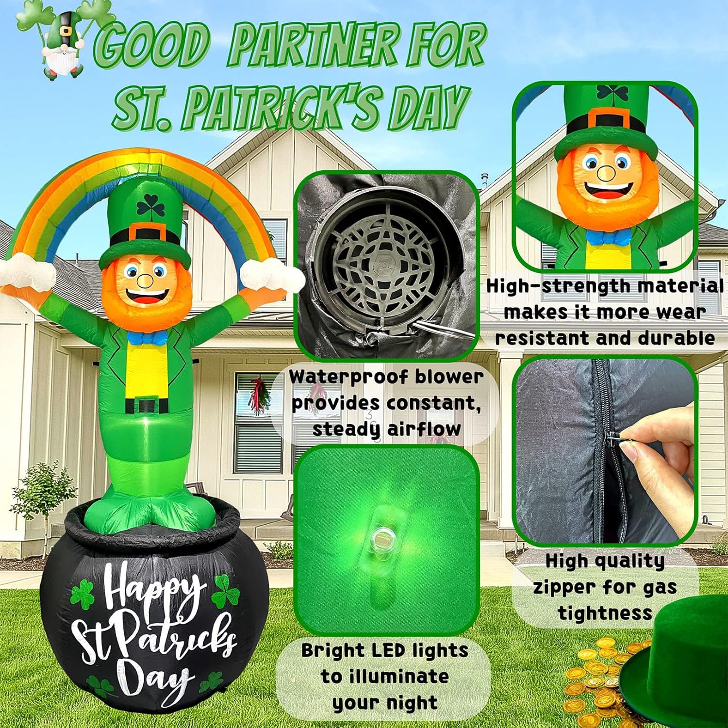 8FT St Patrick’s Day Giant Inflatables Outdoor Decorations Leprechaun Standing on Gold Pot Blow up Holiday Shamrocks Yard Decoration with Build-in LED Lights for Indoor Lawn Garden Party Decor - Image 5