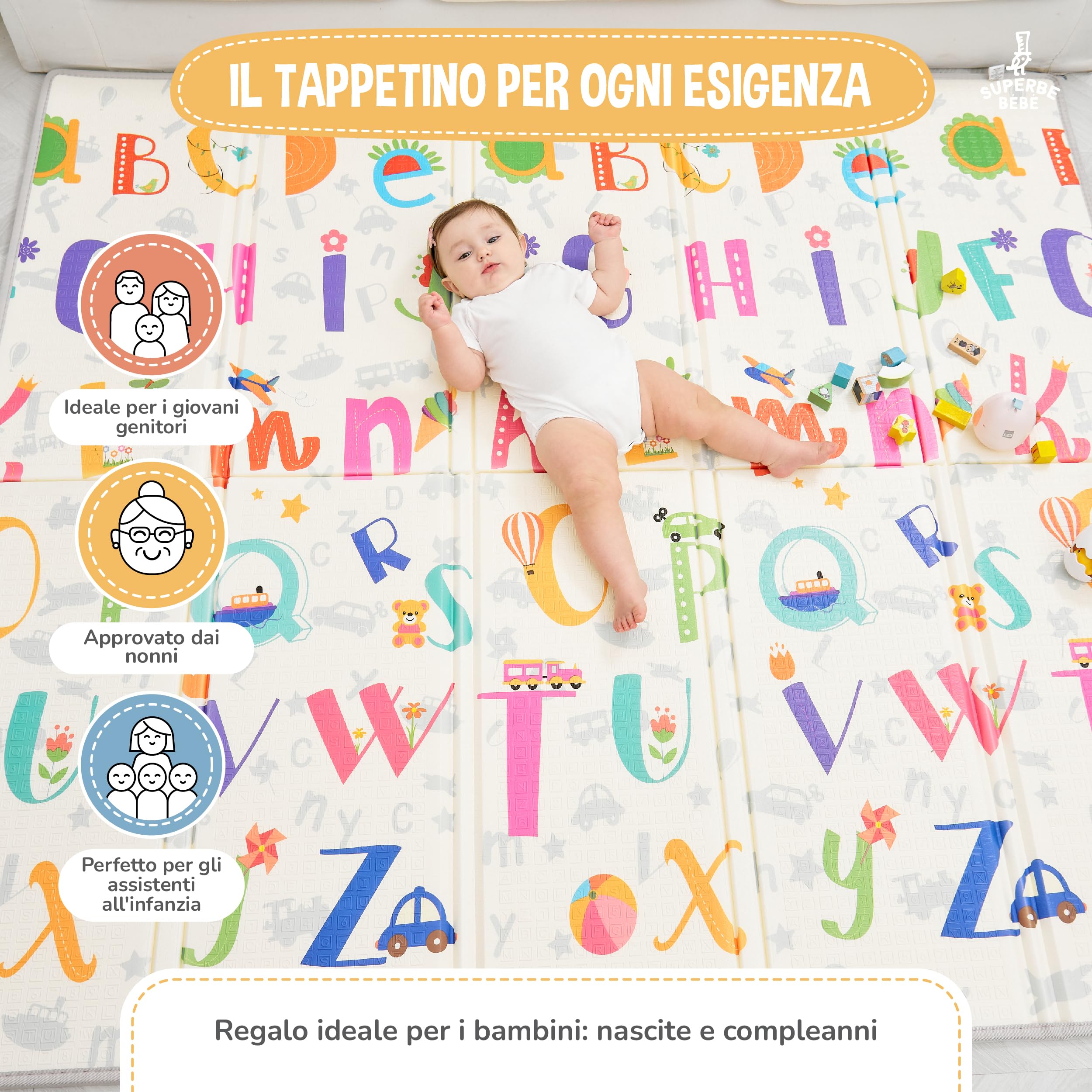 Mat Play Mat Pieghevole 180x200x1.5cm Neonato Montessori Reversibile Impermeabile