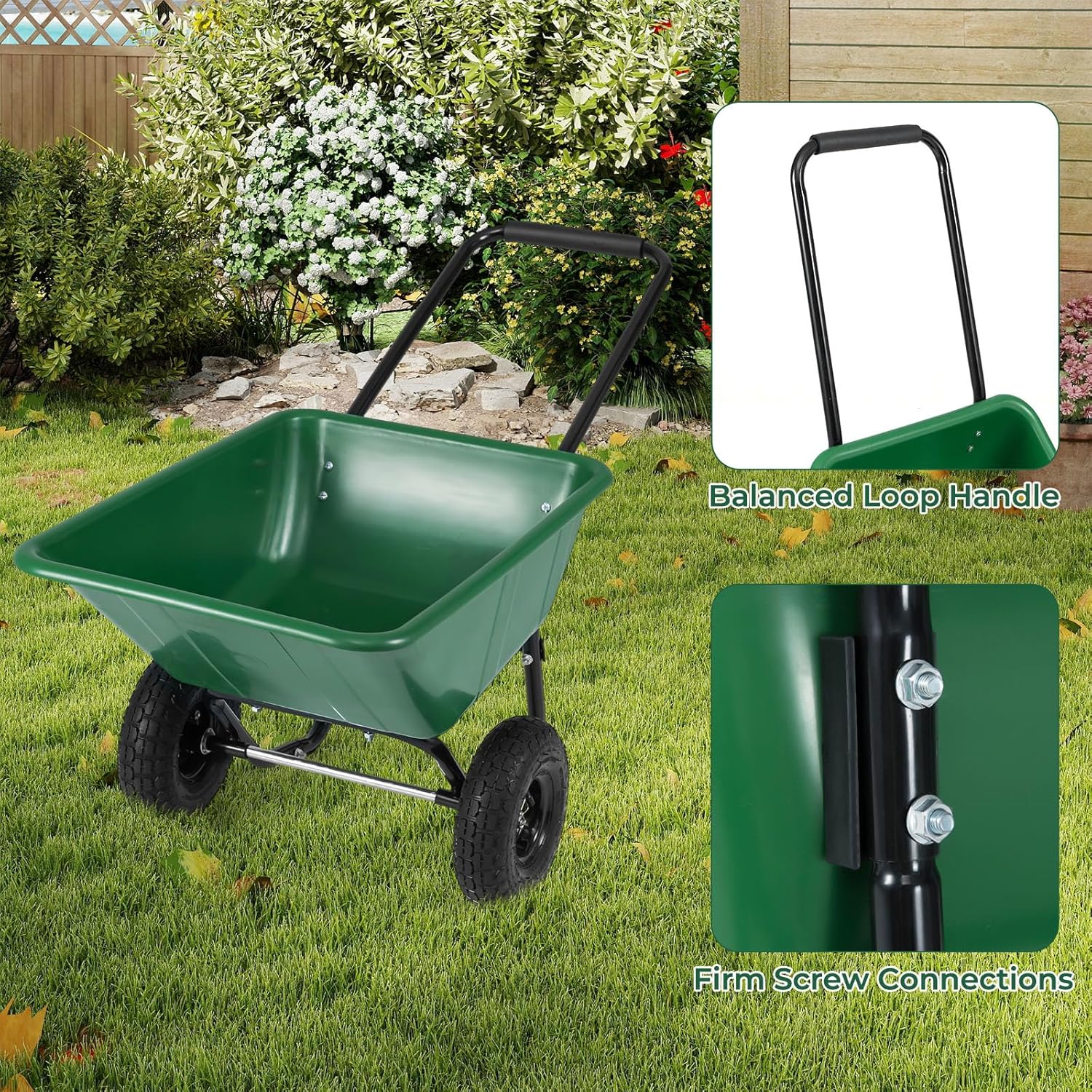Giantex Dual-Wheel Wheelbarrow, Heavy-Duty Garden Utility Cart with Built-in Stand, Pneumatic Tires, 330 Lbs Capacity, Foldable Handle, 21 Gal Dump Cart for Yard Lawn Moving Soil, Garden (Green)