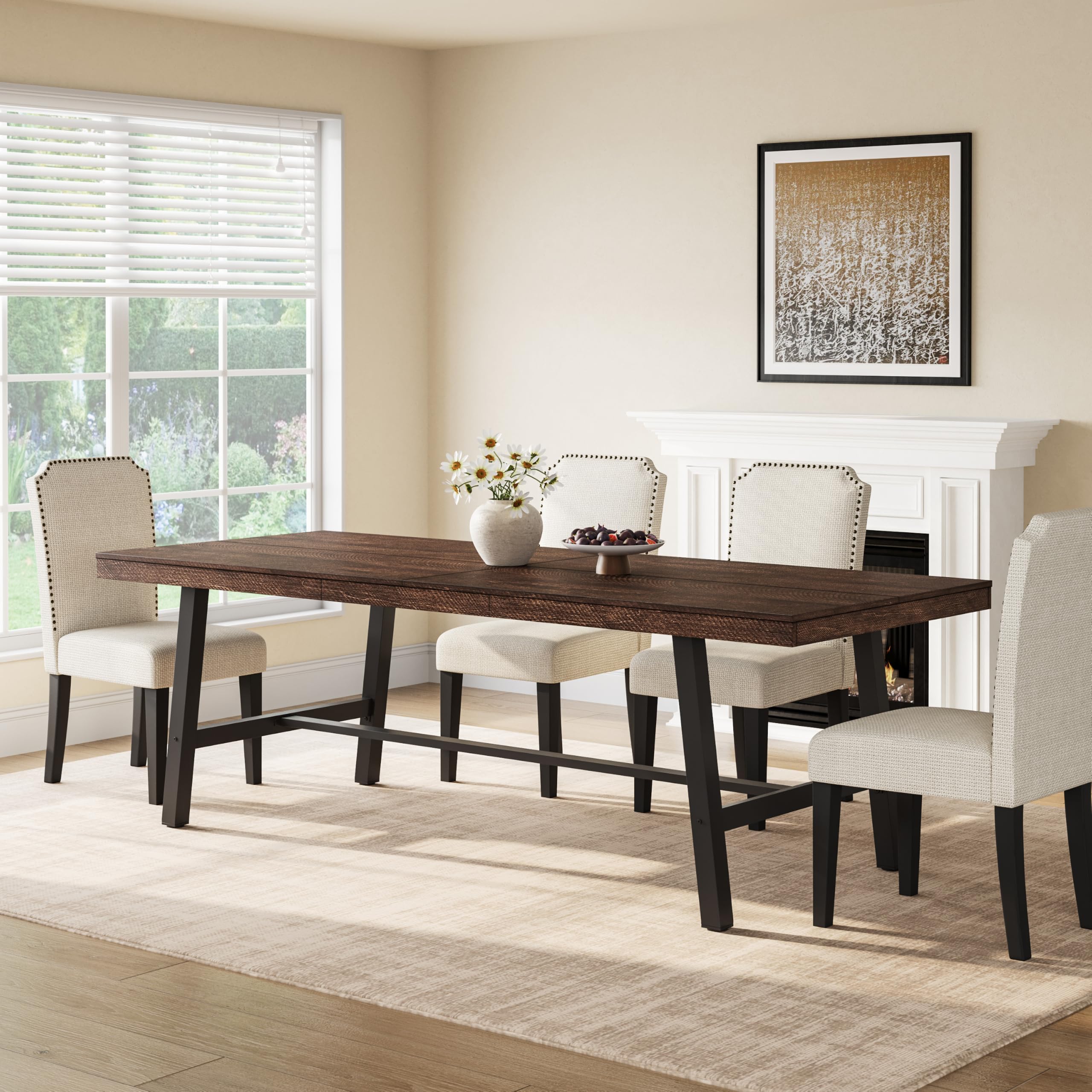 GarveeHome Industrial Dining Table for 8-10 People, 86.61" Long Kitchen Table with Sturdy Metal Frame, Rectangular Counter for Dinner, Kitchen, Dining Room (Dark Rustic Birch, 87" Non-extendable)