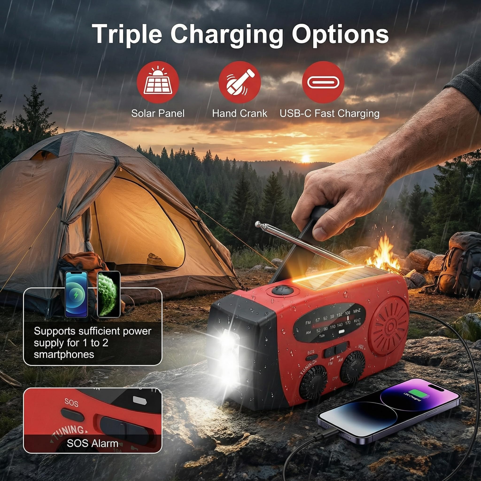 Radio Solar de Emergencia 5000mAh, ZDAGELD Radio Manivela Am/FM, Portátil Power Bank con Linterna LED, USB-C, SOS, Equipo de Supervivencia para Camping, Senderismo y Cortes de Luz