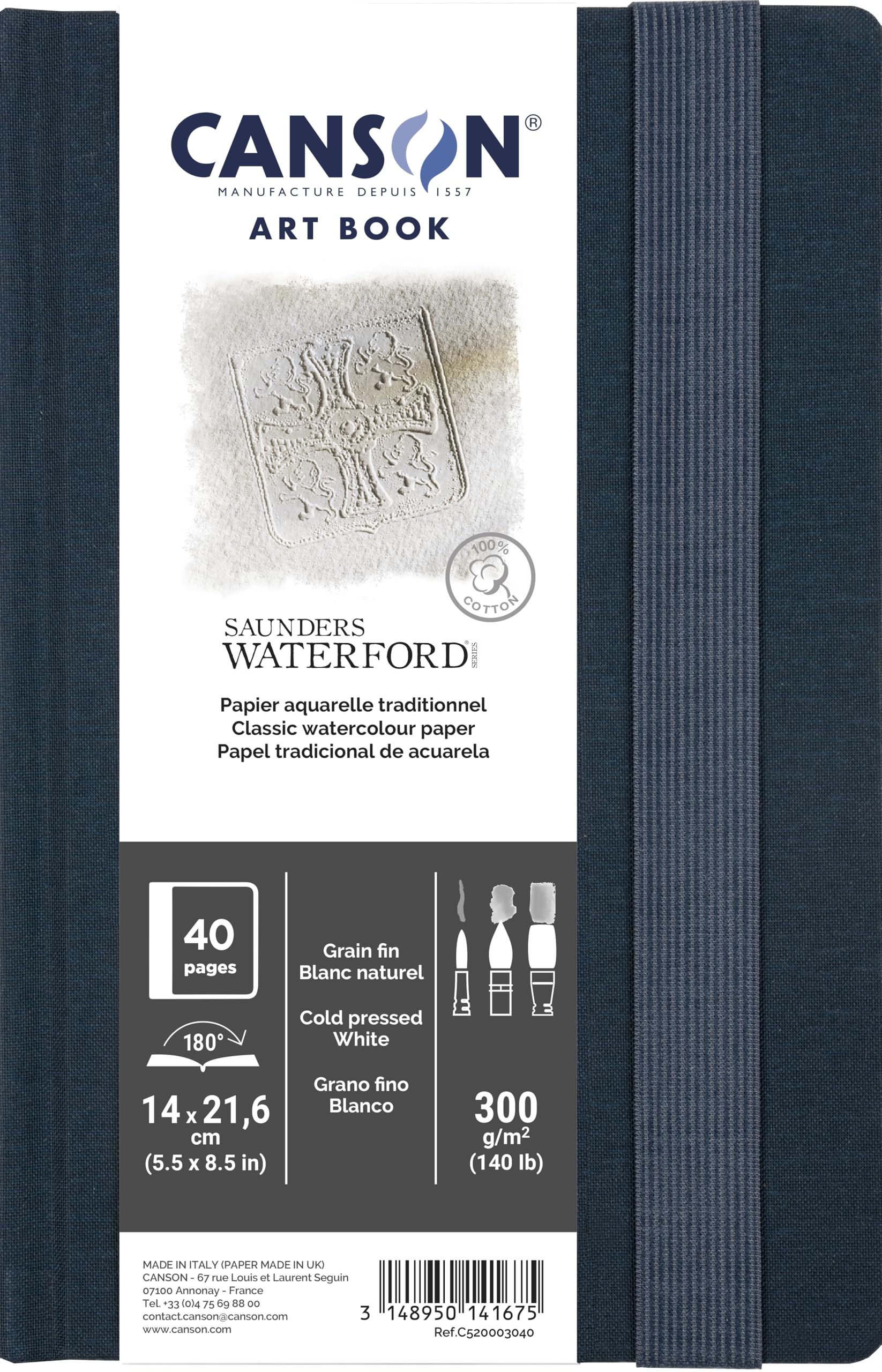 Canson Professional Book, Watercolour Paper, Fine Grain, 300gsm, Stitched Notebook, Hardcover, 5.5 x 8.5 Inches, White, 20 Sheets
