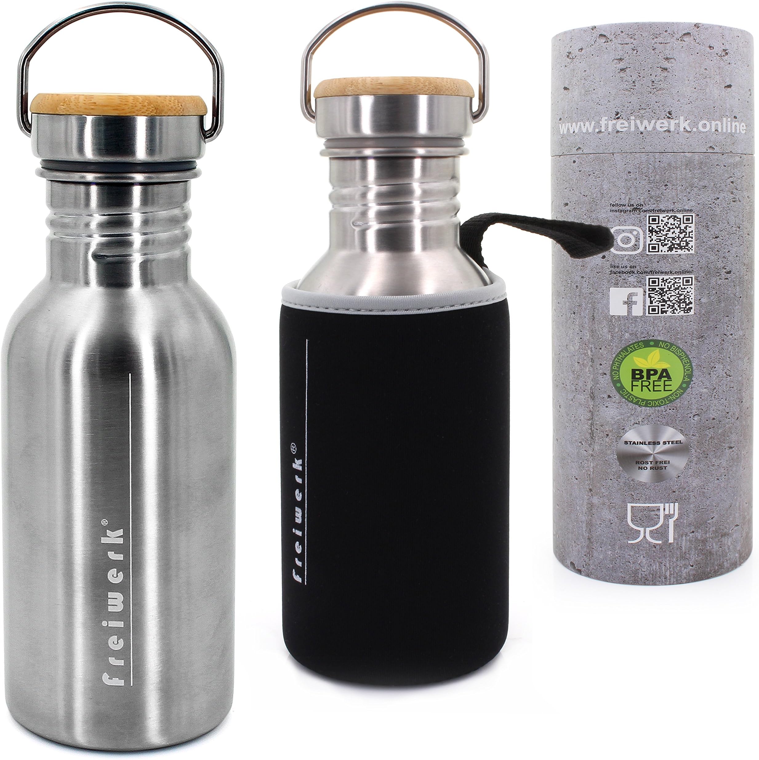 freiwerk® Stainless Steel Outdoor Bottle Bamboo Lid Neoprene Coating 500 ml single wall